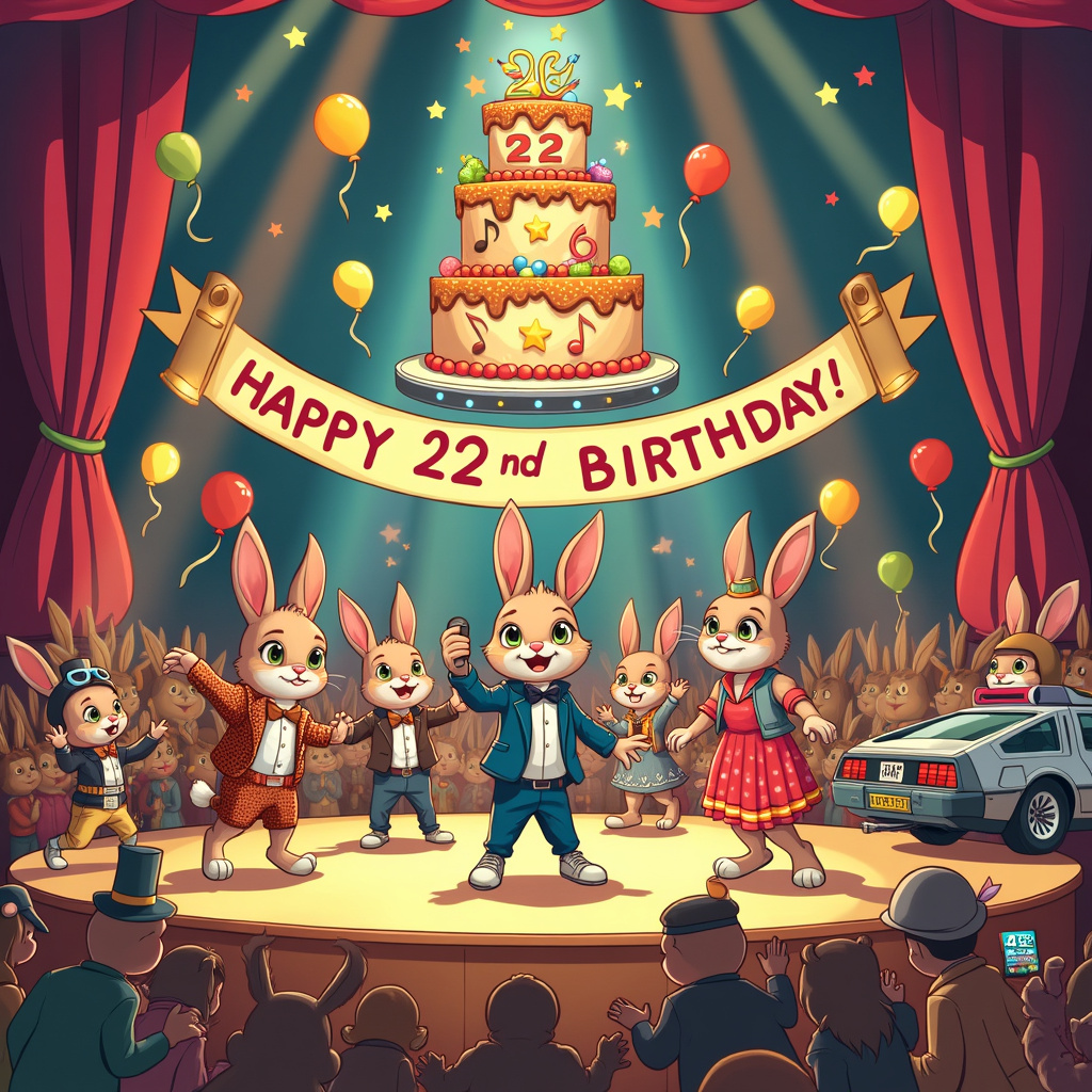 In a bustling cartoon scene brimming with delightful chaos, imagine a vibrant theatrical stage set within a fantastical, retro-futuristic world. At the center, the stage backdrop showcases a large, whimsically decorated cake with "22" prominently displayed on top. The cake is adorned with musical notes and tiny spotlights, giving it the ambiance of a Broadway marquee.

On the stage, a group of bunnies dressed in dazzling, old-school musical theatre costumes are performing a lively song-and-dance number. Each bunny sports a different, colorful outfit, with top hats, sequined vests, and bow ties, echoing the flair of a classic musical. One bunny stands at the front with a vintage microphone, singing with dramatic flair, while others are mid-dance in synchronized choreography, paws elegantly outstretched.

Hovering slightly above the stage, a futuristic hoverboard (reminiscent of the one from "Back to the Future") glides gracefully through the air, with another bunny riding it, wearing cool aviator goggles and a snazzy 1980s jacket. To the side of the stage, a DeLorean-like time machine parked next to a large stack of birthday presents wrapped in shiny, metallic paper, each with a musical instrument-shaped tag attached.

Above, twinkling stars and theatre lights cast a magical glow over the scene, and a banner reading "Happy 22nd Birthday!" is strung across the top of the stage, adorned with tiny LED lights. Balloons in the shape of musical notes and theatrical masks float around the banner, adding an extra touch of festive flair.

The background is filled with the audience, a mix of more bunnies and cartoon animals clapping and cheering, with some holding playbills and wearing old-fashioned 3D glasses. The entire scene is a whimsical blend of Broadway razzle-dazzle, nostalgic time-travel references, and an irresistible cuteness brought to life by the endearing bunnies, perfect for celebrating a 22nd birthday in the most unforgettable way.
Generated with these themes: Musical theatre, 22, Cake, Back to the future , and Bunnies.
Made with ❤️ by AI.