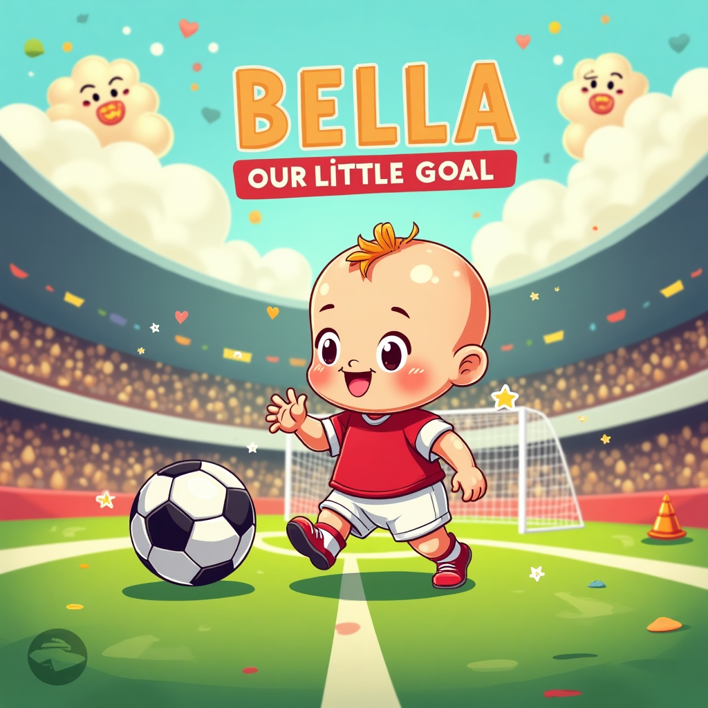 At the top of the Cartoon Style image, BELLA — Our Little Goal!

Playful, cute, football-themed cartoon scene in bright, saturated colors with thick, bold outlines and exaggerated proportions. Center focus: a chubby, wide-eyed baby with a tiny tuft of hair, rosy cheeks, and a big smile, wearing an oversized football jersey (no team logos), tiny socks, and dinky cleats. The baby is mid-kick, gently booping a giant black-and-white football toward a soft, rounded goal net behind them; bouncy motion lines and sparkly starbursts add energy. A pacifier shaped like a mini football dangles from a clip. The pitch is a vivid green with simplified white lines and heart-shaped chalk accents. Background: a cheerful, simplified stadium with pennant bunting, confetti, and smiling cartoon clouds; a friendly whistle and two chubby cone markers peek in as cute side characters. Lighting is sunny and warm; flat shading with glossy highlights for a polished, toy-like finish. Composition is full-bleed portrait with lots of negative space around the title, large central character, and whimsical, energetic poses. No additional text or logos.
Generated with these themes: Football , and .
Made with ❤️ by AI.