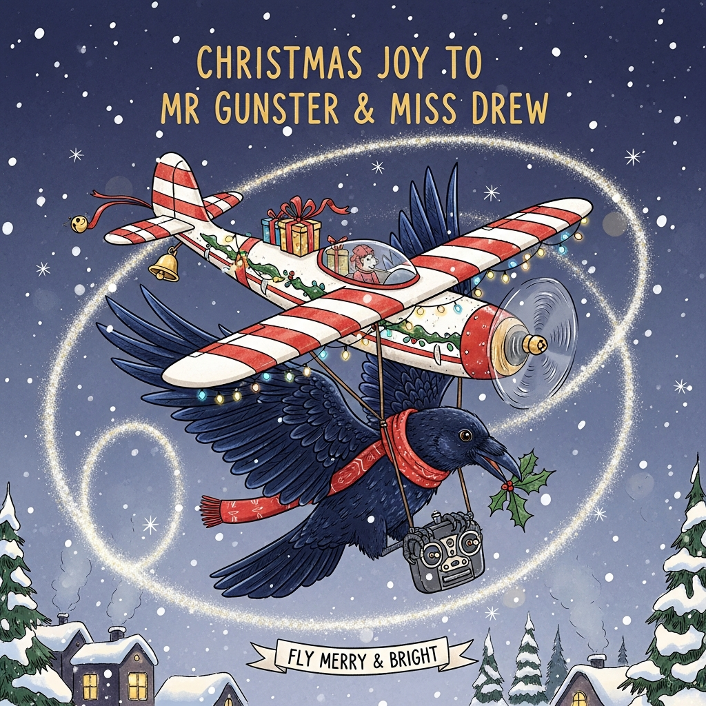 At the top of the Illustration Style image, place the text ‘Christmas Joy to Mr Gunster & Miss Drew’ in warm, hand-lettered gold script with a subtle snowy sparkle.

Create a cute, hand-drawn winter scene with fine linework and textured brush strokes, in a warm, expressive palette of cranberry reds, pine greens, midnight blues, and soft gold. Center stage: an elegant raven with glossy, iridescent blue‑black feathers, a tiny red scarf and holly sprig, mid-flight. The raven cradles a small vintage-style RC transmitter in its claws, proudly flying a festive RC plane that loops through the snowy twilight sky.

The RC plane is whimsical and charming: candy-cane stripes on the wings, fairy lights twinkling along the fuselage, a jingle bell on the tail, and a few mini gift boxes tied with ribbon. The plane traces a glittering, starry contrail that curls into a playful loop around the raven, guiding the eye across a balanced composition.

Background: softly falling snow, silhouettes of snow-dusted firs, and a cozy village below with warm golden window glow. Add gentle bokeh highlights, moonlit shimmer on the raven’s feathers, and delicate crosshatch linework for texture.

At the bottom on a small ribbon banner, add a tiny caption: “Fly merry & bright.” Keep all other areas free of text.
Generated with these themes: Elegant raven is flying a rc plane, and .
Made with ❤️ by AI.