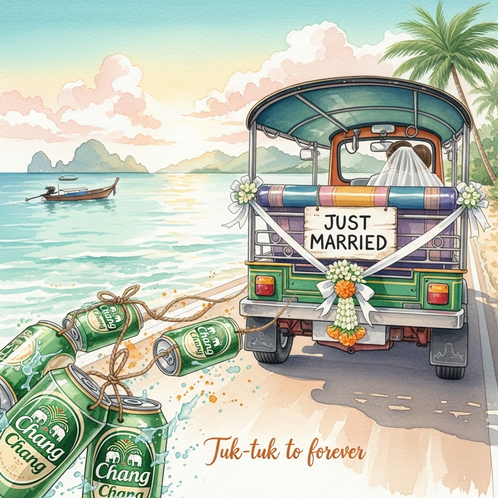Soft, sincere watercolor on cold‑press paper, full‑bleed. Rear three‑quarter view of a Thai tuk tuk decked with white ribbons and jasmine–marigold garlands, puttering along a sun‑warmed coastal road in Phuket. A hand‑painted sign on the back reads “JUST MARRIED.” From the bumper trail several green Chang beer cans tied with twine, labels and elephant icon softly suggested; hint of metallic glint and watery splatter to show motion. Inside the tuk tuk, just a whisper of a white veil and boutonnière—no detailed faces. To the left, the Andaman Sea in translucent seafoam and turquoise; hazy limestone islets, a distant long‑tail boat, palm‑fringed shoreline and sunlit hills; late‑afternoon glow with a peach‑to‑aqua sky and feathery clouds.

Style and feel: wet‑on‑wet watercolor, delicate gradients, soft edges, pigment blooms and subtle granulation; natural paper texture visible in the highlights. Warm, tender, sincere mood. Palette: seafoam, jade, turquoise, blush peach, warm gold, creamy white.

Composition: tuk tuk large and slightly off‑center, cans leading into the foreground with loose splashes; background softly diffused to keep focus on the getaway.

Small text in‑image: bottom center, hand‑lettered watercolor script in warm sepia, reading: “Tuk‑tuk to forever.”
Generated with these themes: Tuk tuk with “just married” on the back , Cans of Chang beer trailing behind, Phuket in the background , and .
Made with ❤️ by AI.