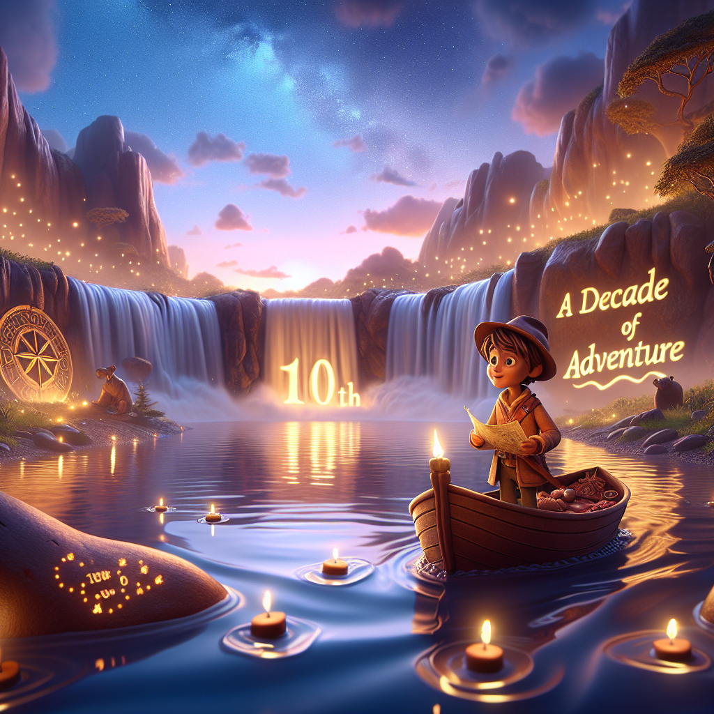 In this enchanting scene celebrating a young character's 10th birthday, a theme of wonder and exploration is front and center. It's twilight, and the majestic sky forms a splendid backdrop for a calm chocolate waterfall that flows effortlessly into a tranquil lagoon. On this lagoon floats a single, intricately designed boat. At the boat's prow stands the young character, wide-eyed filled with amazement, holding a map marked with an 'X' symbolising ten years of adventures. Etched into a nearby cliff right next to the waterfall are the words 'A Decade of Adventure'. It is all bathed in the warm, inviting glow of fireflies, lending a magical and heartfelt touch to the entire setting.
Generated with these themes: Wonka, 10th, Adventure, and Chocolate.
Made with ❤️ by AI.