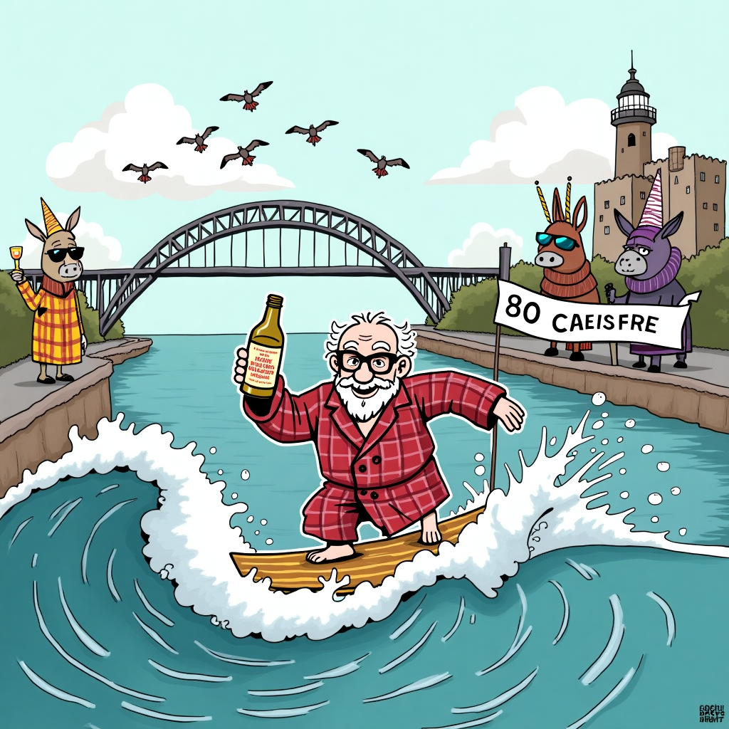 **Prompt for Cartoon Image:**

At the top of the cartoon image, *“Happy 80th, Arthur – You’re Aged to Perfection Like a Fine Single Malt in a Fog on the Tyne!”*

Cartoon scene:

Arthur – a cheeky, grinning cartoon elderly gentleman with wild party glasses, wearing a tartan dressing gown and clutching an oversized bottle of "Whitley Bay Single Malt" – is triumphantly surfing a giant birthday cake wave as it crashes across the River Tyne. Behind him, the iconic Tyne Bridge arches dramatically while a group of confused seagulls wearing party hats scatter in the sky. On the banks, the St. Mary's Lighthouse sports a pair of comedy sunglasses and is holding up a big banner reading "80 Cheers for Arthur!" Meanwhile, in the distance, North Shields fishwives and Whitley Bay donkeys raise their glasses (and hooves) in a birthday toast. Tynemouth Castle towers in the background, wrapped in a scarf knitted from candles.

Overall mood: Playful, silly, celebratory, packed with Northeast charm and birthday whisky-fuelled chaos.
Generated with these themes: North Shields, Whitley Bay, Tynemouth, 80, Single Malt Whisky, Tyne Bridge, and St. Mary's Lighthouse.
Made with ❤️ by AI.