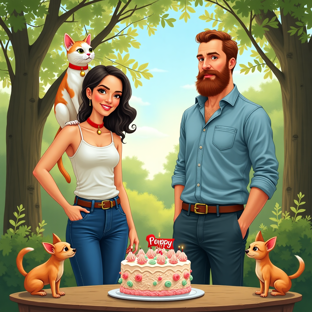 The scene unfolds at a bustling outdoor birthday party set in a lush, picturesque garden reminiscent of a Beatrix Potter illustration, with a touch of Quentin Blake's whimsy. 

In the foreground, a Thai lady stands confidently, her expressive face captured in a style echoing Arthur Rackham’s detailed linework. She wears stylish, fitted jeans that are a deep indigo blue, accentuating her lively presence. Her hair cascades in soft waves, glistening in the dappled sunlight filtering through the trees. Perched on her shoulder is a sleek, white skinny cat with ginger spots. The cat wears a vibrant red collar with a small golden bell, its alert eyes painted with the precision of a Maurice Sendak character. 

Standing beside her is an English man, depicted with the engaging realism of Norman Rockwell’s portraits. He sports a crisp, blue shirt with rolled-up sleeves, hinting at a laid-back, celebratory atmosphere. His short ginger beard is meticulously detailed, capturing each strand in an intricate weave of color.

At their feet, a small ginger Chihuahua with an inquisitive expression is captured in a mid-bounce, drawn in the dynamic style of N.C. Wyeth. The dog's fur is a vibrant ginger, echoing the cat’s spots, and its playful stance adds movement to the scene.

In the background, a birthday cake sits atop a rustic wooden table. The cake is ornately decorated with pastel-colored icing swirls, reminiscent of Maxfield Parrish’s dreamy palettes, and is crowned with a tiny banner that gracefully arcs across the top. The banner spells out "Poppy" in elegant, swirling script, inspired by the fluid lines of Aubrey Beardsley.

Behind them, tall trees with lush, verdant leaves frame the scene, casting gentle shadows and dappled light over the characters, in a nod to the depth found in Gustave Doré’s landscapes. The sky is a serene gradient of soft blues and golds, akin to a Parrish twilight, adding a magical backdrop to the scene.

Sprinkled throughout the garden are whimsical details—a butterfly fluttering near the lady’s shoulder, birds perched in the trees, and a few scattered wildflowers adding splashes of color to the green grass—all contributing to the card’s enchanting charm.
Generated with these themes: Thai lady in jeans, English man in blue shirt and short ginger beard, Lady has White skinny cat with ginger spots with red collar and bell, and Lady has Small ginger chihuahua  dog.
Made with ❤️ by AI.