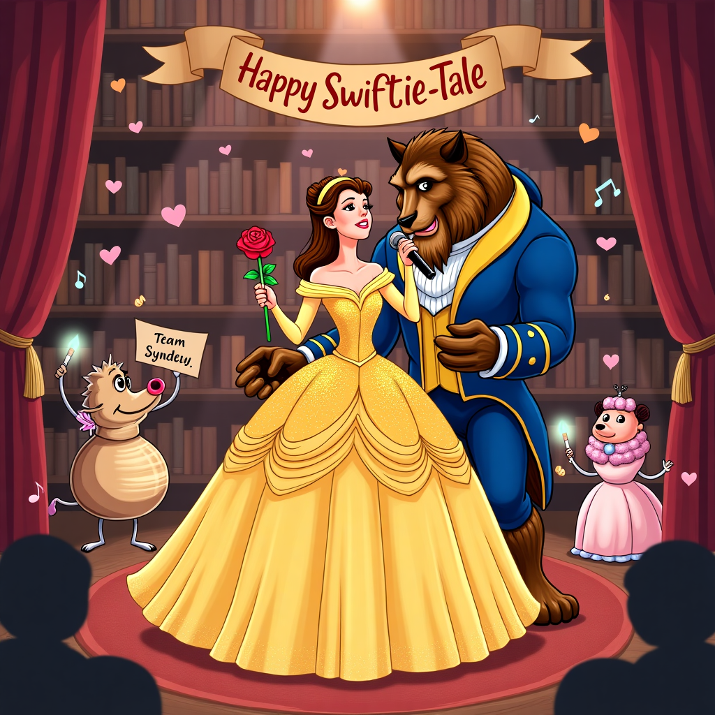 At the top of the cartoon image, write: *"Happy Swiftie-Tale Valentine's Day, Sydney!"*

**Prompt for the image:**  
A cartoon mashup scene of Taylor Swift as Belle from *Beauty and the Beast* inside an enchanted library-turned-concert hall. Taylor-Belle is in a sparkly golden ball gown, mid-concert, dramatically singing into a rose-shaped microphone. Around her, enchanted objects from the castle (like Lumière and Mrs. Potts) hold glow sticks and tiny "Team Sydney" signs while rocking out like they're at a concert. In the background, the Beast is swooning with heart eyes and holding a “#1 Swiftie for Sydney” banner. Books fly off the shelves doing backup vocals. Heart-shaped music notes float in the air, and there's a record player spinning a vinyl titled "1989 (Enchanted Version)." Everything is extra magical, chaotic, and full of Valentine sparkle!
Generated with these themes: Taylor swift and belle.
Made with ❤️ by AI.