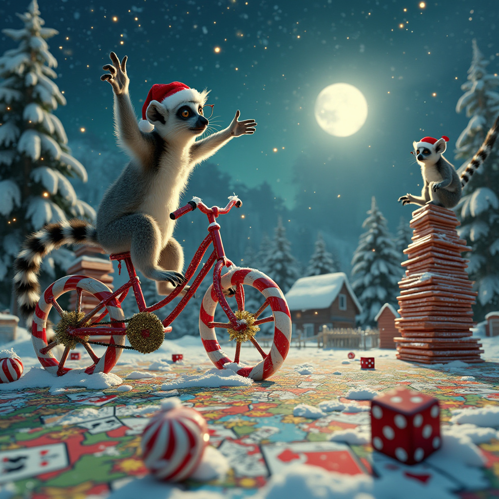 In the enchanting glow of a winter night, an otherworldly scene unfolds, capturing a moment of whimsical Christmas magic. Imagine a quaint, snow-blanketed village nestled in a forest of towering pines, their branches dusted with shimmering frost. In the heart of this village, a peculiar gathering takes place atop a sprawling board game that covers the ground like an expansive, colorful quilt. The board is an oversized, intricately designed map of Candy Land, with its vibrant paths winding and twisting through peppermint forests and licorice lagoons.

Perched upon the squares of this enormous game, a troupe of lively lemurs, each wearing tiny Santa hats, orchestrate their merry antics. Their striped tails curl playfully in the air as they interact with oversized game pieces resembling Christmas-themed items like candy canes, gingerbread men, and baubles. One lemur stands triumphantly atop a giant red game die, arms outstretched as if heralding a holiday proclamation.

Amidst this playful chaos, an old-fashioned bicycle, crafted entirely of twisted candy canes, leans against a towering stack of playing cards. The bicycle's wheels are peppermint swirls, and its handlebars are wrapped in festive tinsel. A particularly adventurous lemur, wearing a pair of wire-rimmed spectacles, sits astride the bicycle, its tiny paws gripping the handlebars as if preparing for a daring ride down the game's peppermint path.

Above, the sky is a tapestry of swirling stars, each twinkling with a hint of Christmas sparkle. The full moon casts a silvery sheen over the scene, illuminating the delighted faces of the lemurs as they revel in their peculiar holiday board game world. Snowflakes drift lazily down, settling softly on the scene, adding an extra layer of wonder to this surreal holiday tableau.
Generated with these themes: Boardgames, Lemurs, and Bicycle.
Made with ❤️ by AI.