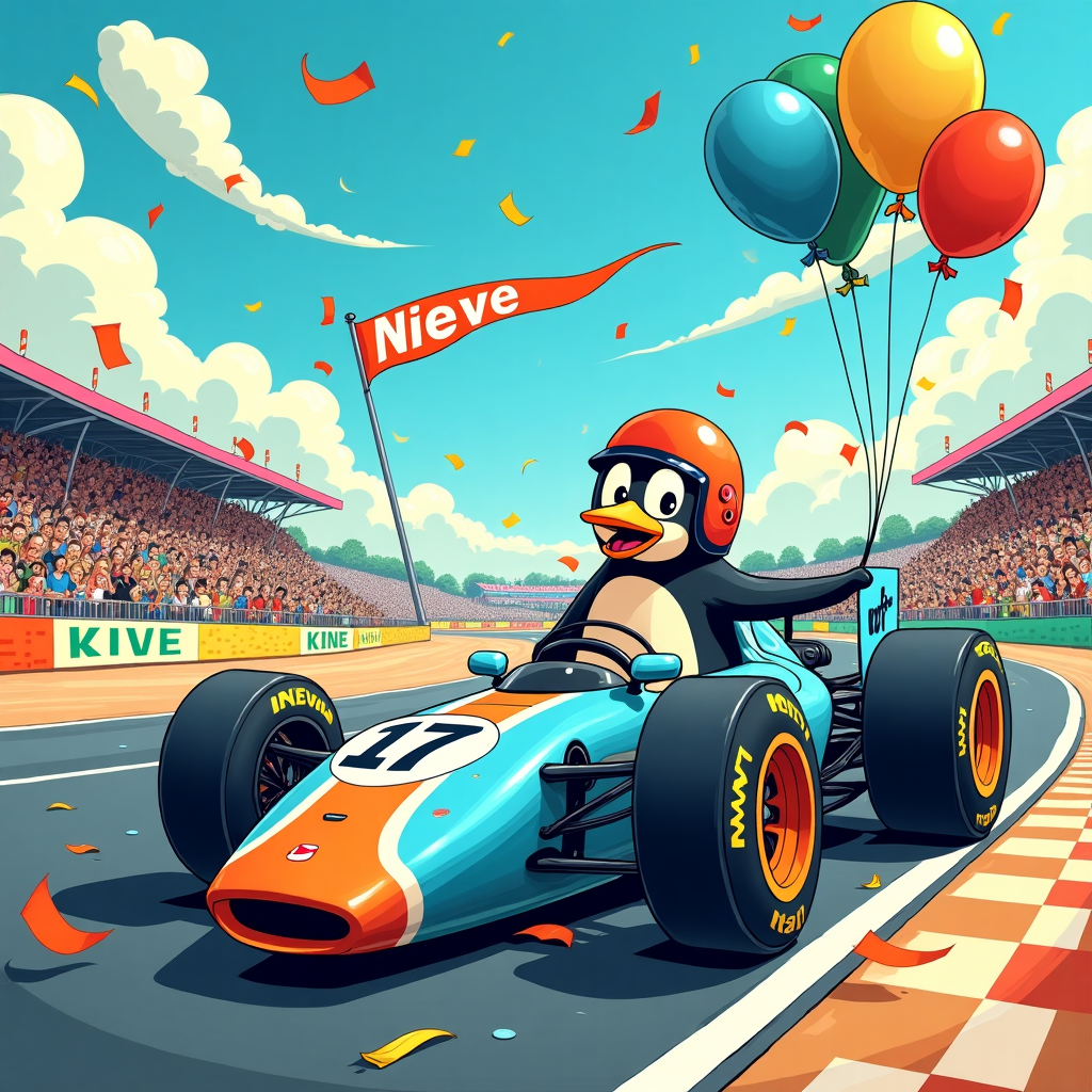 Picture a vibrant, dynamic birthday scene brimming with whimsy and color. The setting is a bustling F1 race track, captured in the cartoonish charm reminiscent of Bill Watterson's Calvin and Hobbes. 

**Foreground:**

At the forefront, a sleek, exaggerated McLaren F1 car with oversized wheels and a shiny metallic blue paint job, adorned with racing stripes in bright orange and neon green. The car's windshield sports cartoonish, wide-eyed headlights, adding a touch of personality.

Perched confidently atop the McLaren is an animated penguin character, channeling the adventurous spirit of Osamu Tezuka's style. The penguin is wearing a bold red racing helmet with a prominent "17" emblazoned on the side. Its beak is slightly agape in a comical, determined expression as it grips the steering wheel with flippers.

**Midground:**

Behind the McLaren, a colorful array of cartoon spectators fill the stands. These figures are caricatured in the style of Charles Schulz's Peanuts, with simplistic, exaggerated features. Balloons in assorted shapes, including race cars and penguins, bob above their heads, each balloon string curling whimsically.

**Background:**

The background showcases the sprawling race track, bending and looping into the distance. The track is decorated with whimsical banners and flags, each flapping in the imagined breeze. Among these, one vibrant banner prominently reads "Nieve" in bold, playful letters, stretched across the sky, reminiscent of a banner plane trailing behind.

The sky is a brilliant cerulean blue, dotted with fluffy, oversized clouds akin to those in Winsor McCay's Little Nemo in Slumberland. Each cloud is tinged with soft pastel hues, creating a dreamy, surreal backdrop.

**Other Elements:**

Scattered around are oversized, colorful confetti pieces, resembling the style of R. Crumb's underground comix. These pieces flutter around the scene, adding a dynamic, celebratory touch.

In the corner, a cartoon birthday cake, larger than life and frosted in vibrant shades of pink and turquoise, stands with seventeen flaming candles flickering at the top, their flames animated with a playful, exaggerated dance.

This illustration blends a celebration of a milestone birthday with a thrilling F1 race, set in a world where penguins pilot McLarens, inviting a sense of adventurous fun and cartoonish delight.
Generated with these themes: McLaren, Penguin, 17, and F1.
Made with ❤️ by AI.