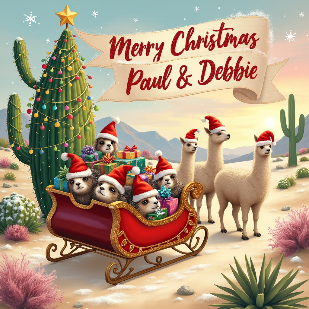 In a whimsical desert wonderland, the Christmas card front cover bursts to life with a charming, playful scene. The foreground features a parade of llamas, each adorned with vibrant, oversized Santa hats that perch playfully atop their heads. These cheerful llamas are dutifully pulling a sleigh, which is gleefully crowded with a bundle of adorable hedgehogs. The hedgehogs, with their little noses and quills peeking out, are cozy and content, nestled among colorful, gift-wrapped presents. The sleigh, a classic design, is painted in a glossy, candy-apple red and trimmed with gold filigree, adding a touch of festive elegance. To the side, a tall cactus stands proudly, dressed in its holiday best with strings of twinkling lights spiraling up its arms and baubles hanging from its spines like ornaments. At the top, a shining star completes the transformation of this desert plant into a Christmas tree. Above this joyful ensemble, a hand-painted banner flutters gently, reading "Merry Christmas Paul & Debbie" in flowing, cursive script, dusted with sparkling glitter that catches the sunlight. The sandy desert ground is lightly dusted with snow, an unexpected yet delightful touch, creating a harmonious blend of Christmas spirit and desert charm. In the distance, a pale pink sunset paints the sky, casting a warm glow over the scene, bringing everything together in a perfectly picturesque holiday greeting.
Generated with these themes: Hedgehogs, Llamas, Cactus, and Llamas wearing Santa hats, carrying presents on back and pulling a sleigh. In sleigh lots of hedgehogs. In background a cactus decorated like a Christmas tree and a Merry Christmas Paul & Debbie banner.
Made with ❤️ by AI.