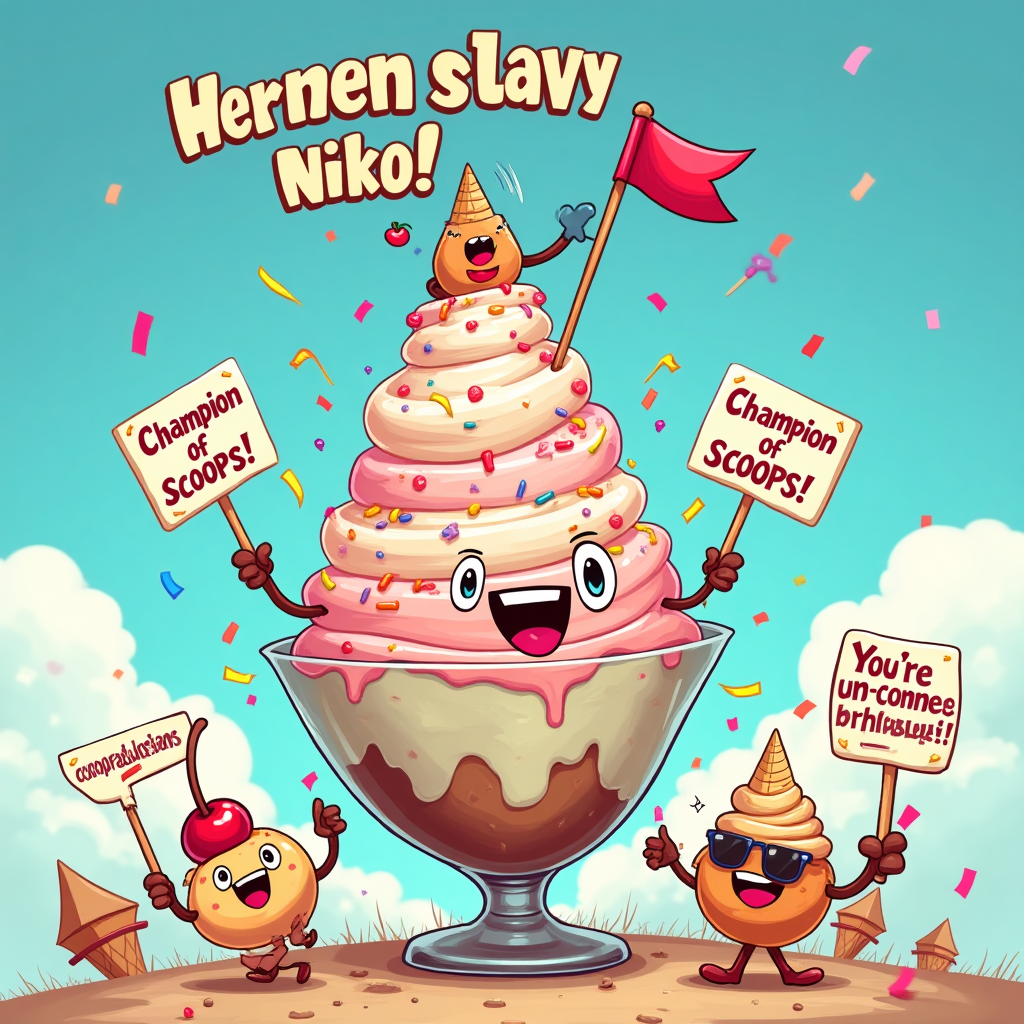 At the top of the Cartoon Style image, big bubbly letters spell out: **"Happy Birthday Niko!"**

A funny cartoon scene: A giant ice cream sundae mountain with scoops stacked sky-high, wobbling comically. At the summit, a little cartoon Niko character (big head, tiny body, party hat) waves a tiny flag that says *"Champion of Scoops!"* Bright, drippy rainbow sprinkles rain down like confetti, while cheeky cartoon ice cream cones with googly eyes cheer and hold up banners saying *"Cone-gratulations!"* and *"You’re un-cone-trollable!"* A cheeky cherry with sunglasses dangles at the top, striking a heroic pose. The whole scene bursts with playful energy, exaggerated expressions, and bold, vibrant colors.
Generated with these themes: Ice Cream, and .
Made with ❤️ by AI.