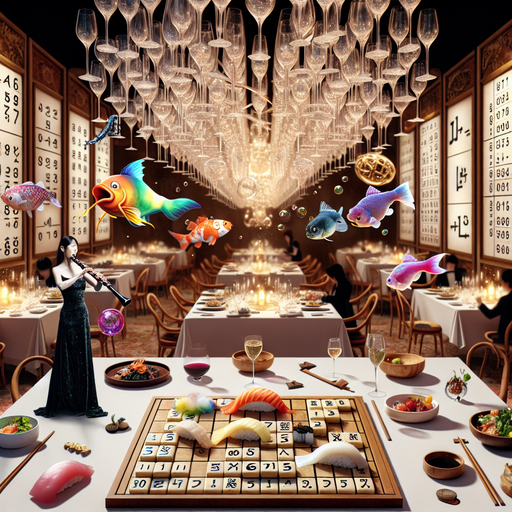 Imagine a blurring of boundaries between reality and fantasy as part of a yearly celebration. A dining table is adorned with a variety of sushi and dishes representing Korean gastronomy, with guests being seated on chairs that look like oversized mahjong pieces. A large Sudoku puzzle is on display in one corner, its numbers mysteriously changing in a captivating pattern. A female Black clarinetist is performing enchanting melodies, with her instrument sporadically producing fascinating bubbles that contain floating fish similar to Magikarp and lively chemical formulas. Suspended from the ceiling, a chandelier composed of wine glasses illuminates the scene, with each glass sparkling brightly as if participating in a toast to celebrate the wonders of human imagination.
Generated with these themes: Clarinet, mahjong, sudoku, sushi, magikarp, korean food, chemistry, and Wine.
Made with ❤️ by AI.