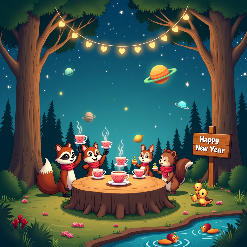 In this enchanting New Year's scene, we see a cozy woodland clearing under a starry sky, with cartoon-style elements reminiscent of classic comics and animations. Center stage is a large round table made from a tree stump, upon which sits a charming tea set featuring whimsical teacups shaped like blooming flowers. Around the table, a group of diverse animal friends – a raccoon, a squirrel, a rabbit, and a tiny hedgehog – are gathered, each wearing a scarf with heart patterns. They raise their teacups, joyfully toasting the arrival of the New Year, with steam swirling upwards in heart-shaped puffs. Behind them, towering pine trees adorned with garlands of sparkling fairy lights create a natural canopy, twinkling like a galaxy above. In the sky, there's a playful nod to space, as colorful cartoon planets orbit cheerfully amongst the stars, each one smiling down on the scene below. Instead of fireworks, soft glow bugs drift lazily in the air, adding a gentle luminescence to the scene. To the side, a gentle stream flows, its surface reflecting the cosmic spectacle above, while a family of ducks floats serenely by. A wooden sign, artfully hand-painted, reads “Happy New Year” with tiny hearts painted around it, emphasizing the celebration of love and nature. This scene, brimming with warmth and creativity, offers a delightful alternative to traditional celebrations, highlighting the simple joys of nature and companionship.
Generated with these themes: Nature love cheers with tea hearts pine trees space planets , and "no fireworks".
Made with ❤️ by AI.