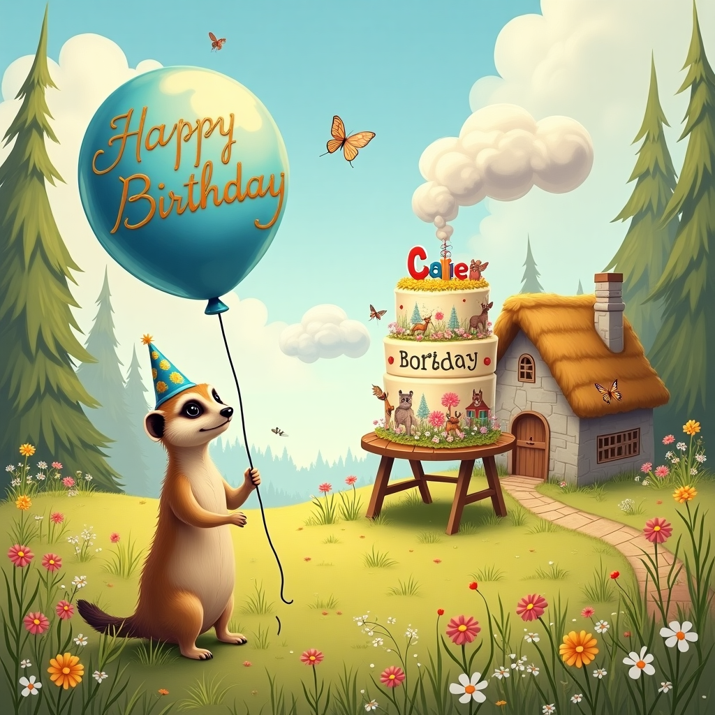 One cute meerkat holding a balloon, and  Lose up Birthday Card
