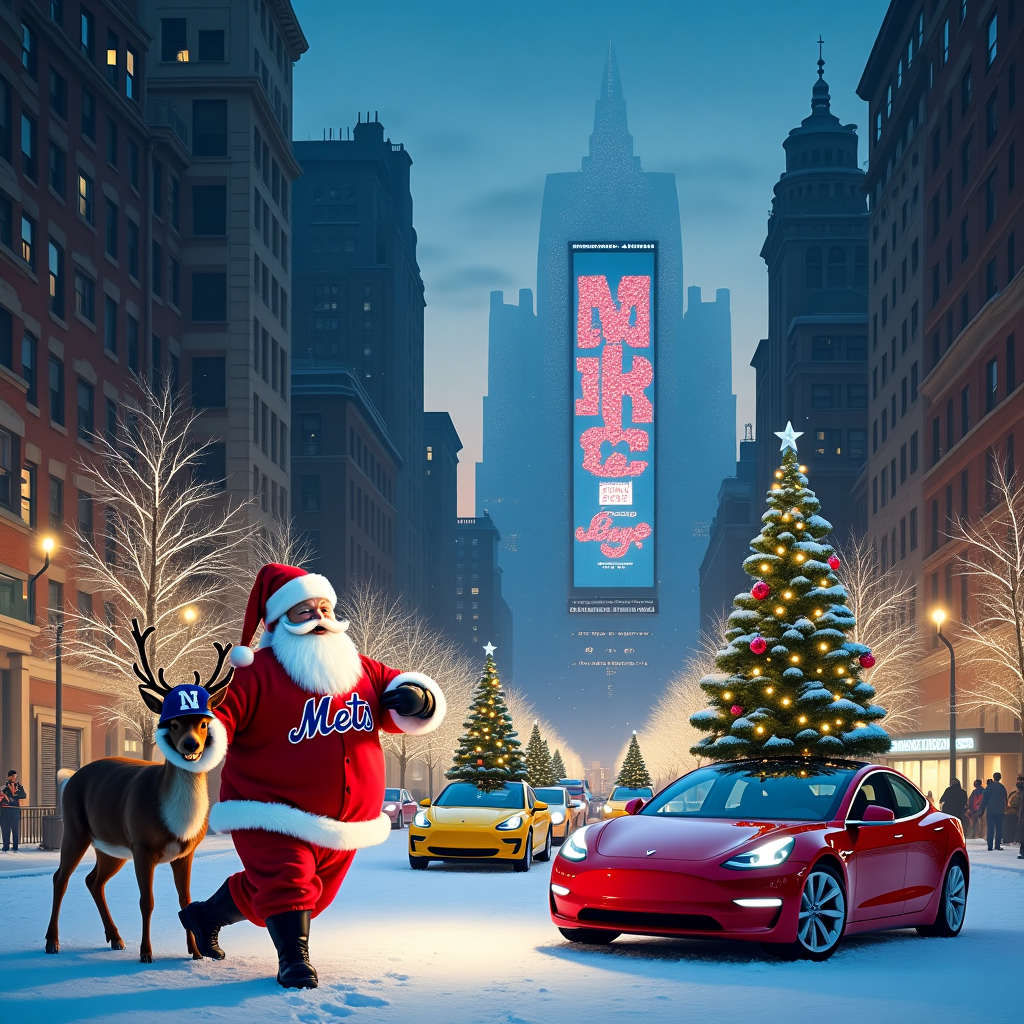 New york mets baseball, Santa, Notre dame football, Tesla cars, and Solar panels Christmas Card