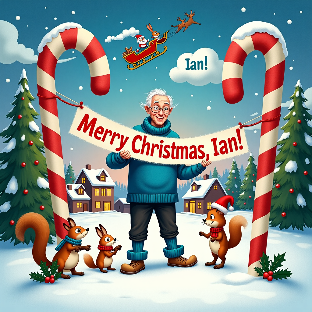 In a whimsical, snow-covered village that feels both familiar and fantastical, the scene bursts with vibrant holiday cheer. At the center stands an eccentric old man with a wiry frame, dressed in an eye-catching ensemble that defies conventional Christmas attire. His bright blue jumper seems to radiate its own warmth amidst the chilly landscape. His legs, clad in black trousers, end in the most curious fashion statement of all: blue socks paired with open-toe sandals, leaving whimsical footprints in the snow that bemuse onlookers.

Surrounding him are animated, mischievous woodland creatures with large, expressive eyes—squirrels with scarves, a rabbit in a tiny top hat, and a fox wearing a Santa cap, each helping him string up a banner between two snow-draped pine trees. The banner, crafted from red and green knitted fabric, cheerily reads "Merry Christmas, Ian!" in bold, swirling letters that stand out against the wintry backdrop.

Above, the sky is an enchanting mix of twilight blue and soft pink, as if the heavens themselves are painted in watercolor. Amongst fluffy, cartoonish clouds, a playful rendition of Santa's sleigh sails past, with reindeer waving jovially. In one of the clouds, Ian's name appears subtly etched, as though it were naturally formed by a gentle gust of wind. The distant village houses glow warmly, each rooftop dotted with plumes of swirling smoke.

The entire scene is framed by oversized candy canes and holly, reminiscent of Hergé’s bold lines and Charles Schulz’s charming simplicity, with a touch of Gary Larson's quirky humor, capturing a festive moment that's both delightful and distinctly unique.
Generated with these themes: An old man without beard wearing the following: Blue socks with sandals, a bright blue jumper and black trousers. Thin. Without glasses and no beard. .
Made with ❤️ by AI.