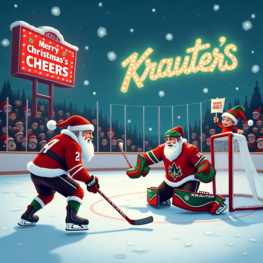 In the bustling North Pole rink, it's a special day where Marc-André Fleury, dressed in a festive red and green goalie uniform with snowflakes on his pads, has teamed up with Santa Claus for a holiday scrimmage. The rink, surrounded by twinkling Christmas lights and candy cane-striped goalposts, is filled with elves and reindeer as the audience, some holding hot cocoa while others are equipped with mini hockey sticks. Santa, wearing a jolly red jersey with a fluffy white trim and a helmet with a fluffy pom-pom on top, is in mid-action, poised to take a slapshot with a candy cane hockey stick. Marc-André Fleury, with his iconic butterfly style, is energetically diving to block the shot, leaving a spray of shimmering ice crystals in his wake. Above them, the scoreboard lights up not with scores, but with “Merry Christmas Krauter!” spelled out in brilliant LED snowflakes, ensuring Krauter is the star of the game. A mischievous elf, peeking from behind the goal, holds a sign that reads “Krauter’s Cheers” in bold red and green letters, adding a personalized touch. In the sky above, fluffy clouds have artfully arranged themselves to spell "Krauter" in a whimsical, looping font, casting soft shadows over the rink.
Generated with these themes: Marc andre fluery, Santa, Hockey, , and .
Made with ❤️ by AI.