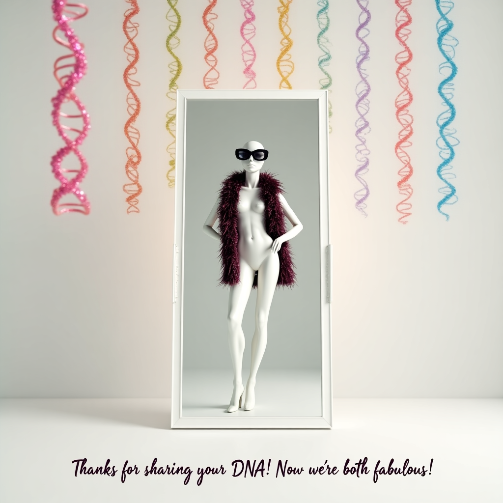 Greeting card saying "Thanks for sharing your DNA! Now we are both fabulous!" Draw different strands of DNA evenly throughout the blank space. Mothers-day Card