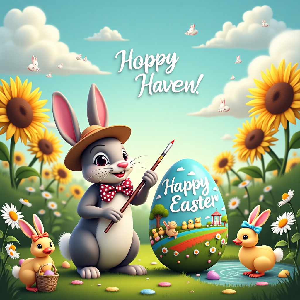 In the whimsical garden of "Hoppy Haven," a vibrant Easter scene unfolds with a playful twist. At the forefront, a jolly, oversized rabbit stands on its hind legs, wearing a dapper polka-dotted bow tie and a straw hat tilted jauntily to one side. It holds an oversized paintbrush dipped in colorful hues, and in front of it, a huge Easter egg rests on the lush green grass, painted to resemble a mini landscape complete with a tiny rainbow, daisy fields, and ducklings marching along. The eggshell itself has the words "Happy Easter, [Recipient's Name]!" meticulously painted in an elegant cursive, the letters adorned with tiny daisy petals.

To the left, a group of smaller rabbits, each with a different floppy hat, is engaged in a lively game of hide and seek among the giant daisies, their playful ears peeking out amidst the petals. A pair of ducks, wearing festive bowties and bonnets, waddle through a shallow garden pond to the right. The ducks have little wicker baskets on their backs, filled with miniature pastel-colored eggs that seem to glimmer in the sunlight.

Above the scene, the sky is a canvas of soft blues and whites, with fluffy clouds forming into shapes of Easter eggs and bunny silhouettes. Among the clouds, a formation spells out "Happy Easter, [Recipient's Name]!" in a whimsical and airy script. A single cloud has the silhouette of a rabbit's face with twinkling eyes that seem to wink down at the garden scene below.

In the background, tall sunflowers tower above the garden, their faces turned toward the sun, while a gentle breeze seems to animate the whole tableau, making the daisies sway and the ducks' ribbons flutter. This vibrant Easter garden, bursting with life and color, is the perfect backdrop for the lively antics and heartfelt greetings intended for [Recipient's Name].
Generated with these themes: Easter eggs , Rabbits, Garden , Daisy's , and Ducks .
Made with ❤️ by AI.