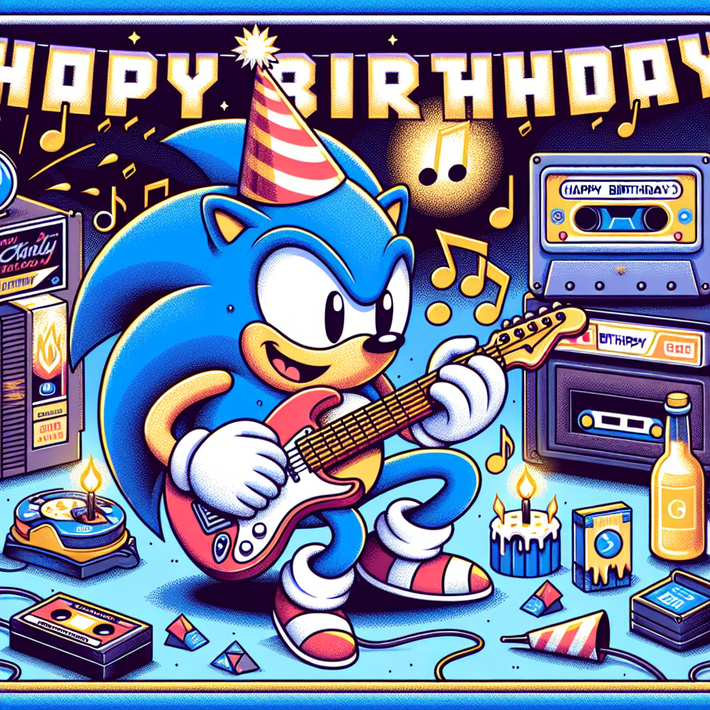 In a lively birthday setting, the illustration enchants with a charming retro gaming theme. A generic fast-paced blue creature, akin to an anthropomorphic hedgehog, becomes the primary focus, equipped with a party hat, ardently playing a rock guitar amidst vintage game cartridge and console decor. The scene is invigorated by a symphony of notes symbolizing rock music, while various elements like pixel art style party banners and a 'Happy Birthday' inscription in conventional arcade typography enrich the backdrop, paying tribute to the golden era of gaming.
Generated with these themes: Retro gaming, Sega, Sonic the hedgehog, and Rock music.
Made with ❤️ by AI.