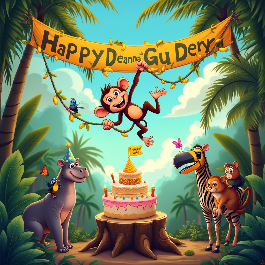 In a lush, vibrant jungle setting, a mischievous cartoon monkey stands center stage, swinging gleefully from a vine that's tangled in a colorful "Happy Birthday" banner. The banner is artfully decorated with banana motifs and prominently features the name "Deanna Guerra" in bold, playful letters. Below the monkey, a group of jungle animals, including a hippo wearing a party hat and a parrot perched on a zebra's back, gather around a cake precariously balanced on a tree stump. The cake is topped with a sculpted marzipan monkey holding a tiny flag with "Happy Birthday, Deanna!" on it. In the background, towering palm trees and giant ferns frame the scene, with a bright blue sky visible through the canopy. Wispy clouds float above, one of which whimsically resembles the shape of a monkey's face. Nearby, a toucan wearing oversized sunglasses pecks at a radio playing lively party music, its cord humorously wrapped around the trunk of a nearby tree. The scene is filled with delightful chaos, as a butterfly lands on the monkey's nose, and a curious squirrel peeks out from a coconut. Each element comes together to create a lively and joyful celebration in the heart of the jungle, all in honor of Deanna Guerra's special day.
Generated with these themes: Monkey.
Made with ❤️ by AI.