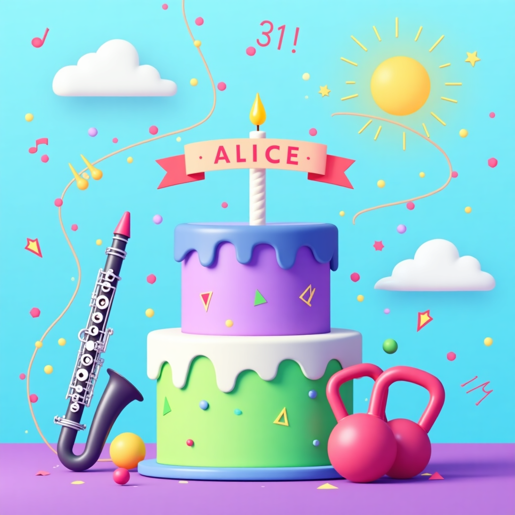 Greeting card for the birthday of Alice, 31 years, clarinet player and gym enthusiast Birthday Card
