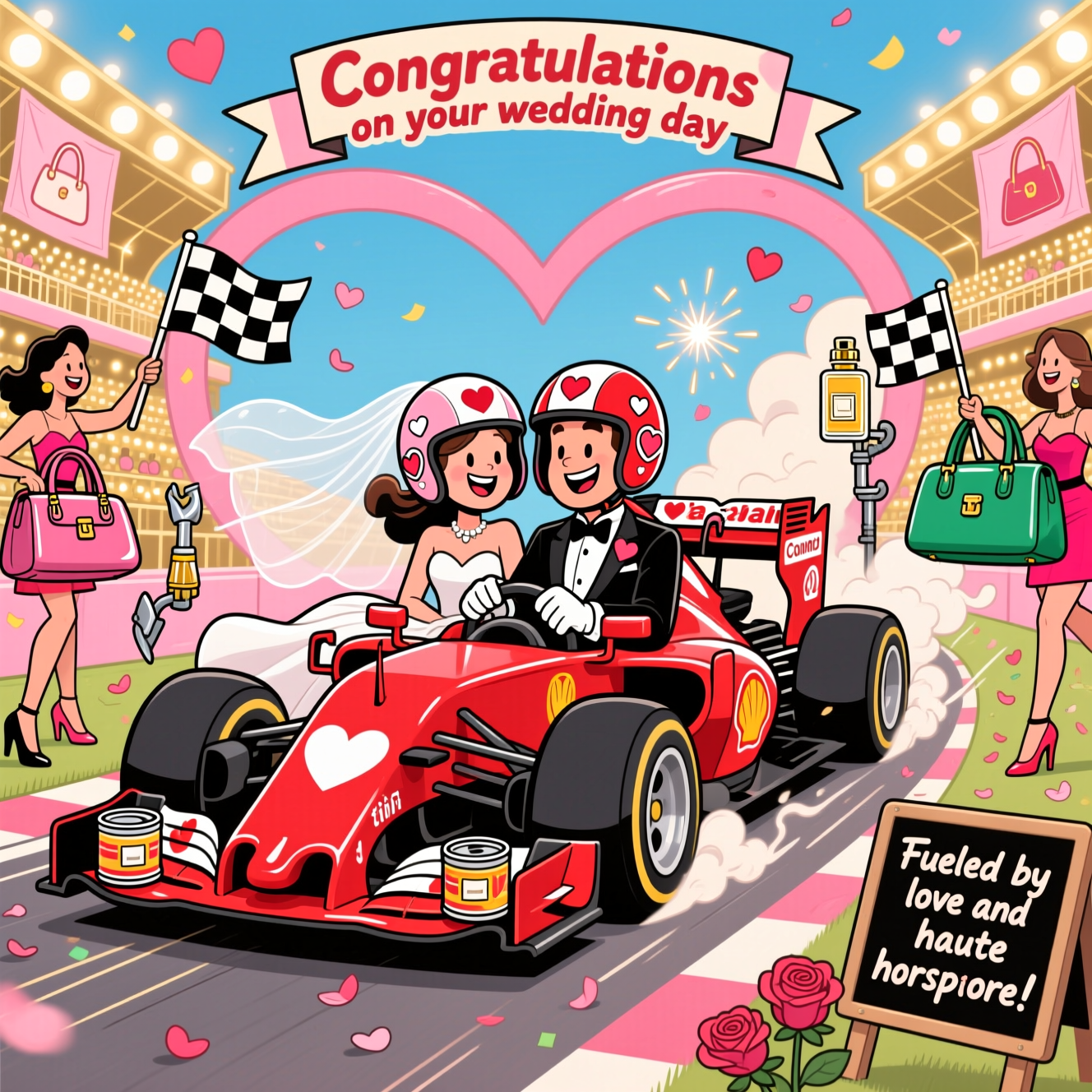 At the top of the Cartoon Style image, "Congratulations on your wedding day"

Playful, romantic cartoon scene with exaggerated proportions, thick outlines, and bright saturated colors: A candy-red, heart-nosed Formula 1 car zooms across a heart-shaped racetrack that doubles as a fashion runway. The newlyweds ride side-by-side in the cockpit, beaming—bride in a chic, flowing veil that trails like speed ribbons, groom in a sharp tux with racing gloves. Their helmets (propped up) are decorated with tiny hearts and handbag icons. Oversized glossy handbags are integrated into the car as whimsical sidepods and exhausts; two mini handbag “tin cans” clink behind the car. The couture-styled pit crew—fashion-forward friends in bold outfits and heels—wave checkered flags and brandish giant handbags as pit tools, while perfume-bottle fuel rigs mist heart-shaped sparkles. Rose petals and checkered confetti swirl in the air, tire smoke puffs into hearts, and motion lines add energetic whimsy. Background grandstands glow with champagne-gold light and soft blush banners featuring stylized handbag motifs (no logos). Palette: candy red, blush pink, sky blue, champagne gold, and emerald accents. Render with thick black outlines, cel shading, high contrast highlights, and a soft romantic glow. Place the title in a checkered-heart ribbon banner at the top.

Add one small extra text element: a pit-board sign near the bottom right reading “Fueled by love and haute horsepower!” in playful handwritten lettering.
Generated with these themes: Formula 1 racing , Handbags , Fashion, and .
Made with ❤️ by AI.