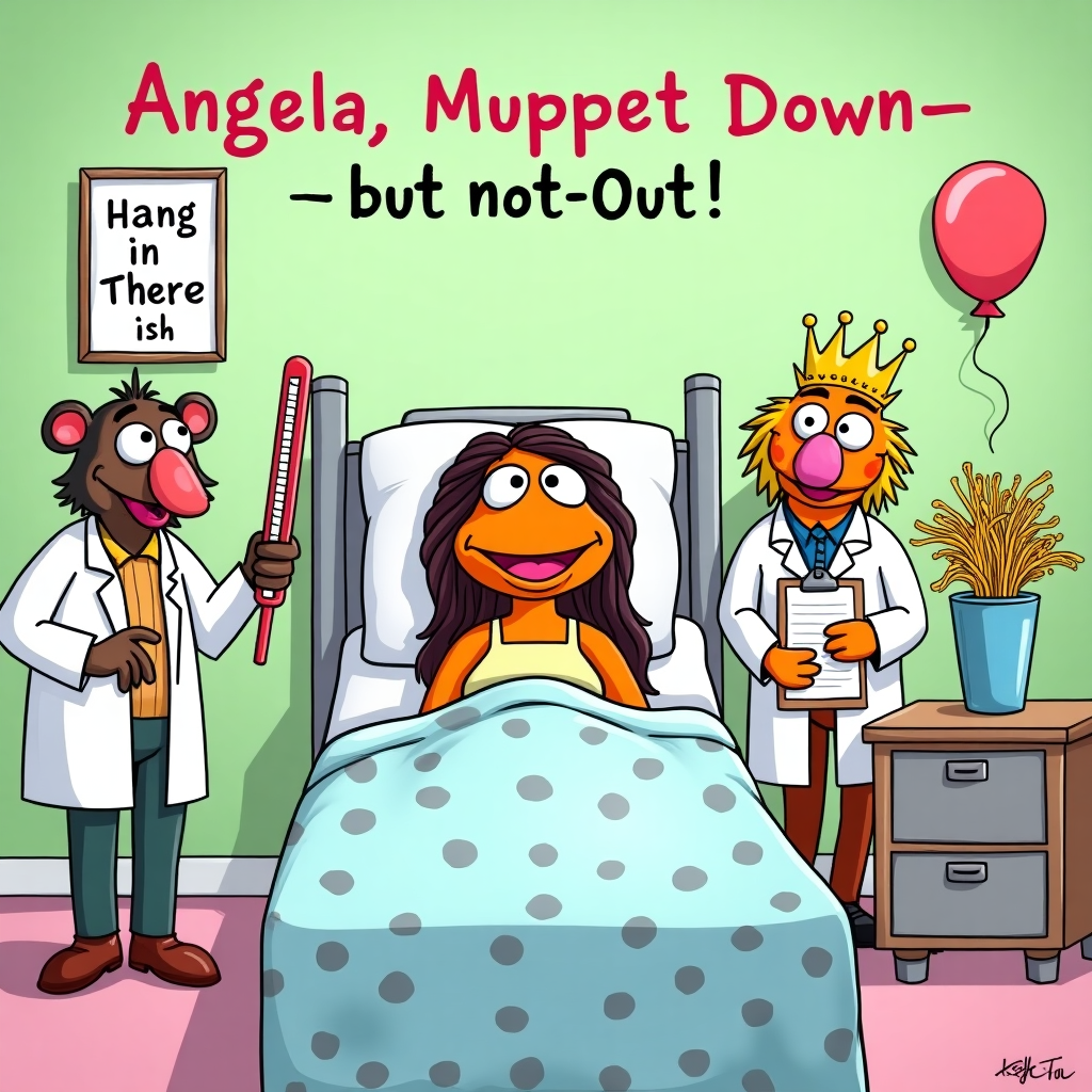 **Image Prompt:**  

A whimsical cartoon hospital room with cheerful colors. In the center of the scene, a Muppet-style puppet version of Angela is propped up in a hospital bed, covered in a polka-dot blanket. She’s looking comically dramatic — think one arm draped over her forehead like a soap opera star. Her eyes are wide, googly, and exaggerated in true Muppet fashion. Surrounding her bed are other Muppet-like creatures in white lab coats, clearly "doctors," but hilariously unqualified — one is holding a giant thermometer upside down, another has a clipboard but appears to be drawing doodles. A vase of wilted spaghetti noodles sits on the nightstand, and a balloon says “Hang in There-ish!”  

At the top of the cartoon image, write:  
**"Angela, Muppet Down—but not Out!"**  

The whole vibe is silly but sweet, ideal for cheering someone up who's not feeling their best.
Generated with these themes: On hospital bed, Looking like a muppet, and .
Made with ❤️ by AI.