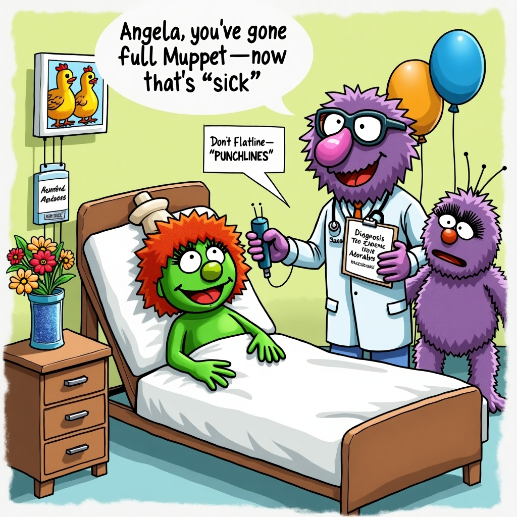 On hospital bed, Looking like a muppet, and Sympathy Card