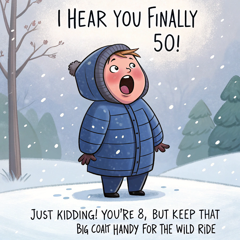 At the top of the image, "I hear you finally turned 50!"

At the bottom of the image, "Just kidding! You're 8, but keep that big coat handy for the wild ride ahead!"

- Capture an ultra-high-definition 4K photograph of an 8-year-old chubby boy in a blue winter puffer coat, standing in the snow with an exaggeratedly surprised expression. His eyes are wide, and his mouth forms an "O" as if he just heard the most shocking news. Snowflakes dance around him, creating a magical winter wonderland atmosphere.
Generated with these themes: 8 year old chubby boy with blue winter puffer coat, and .
Made with ❤️ by AI.