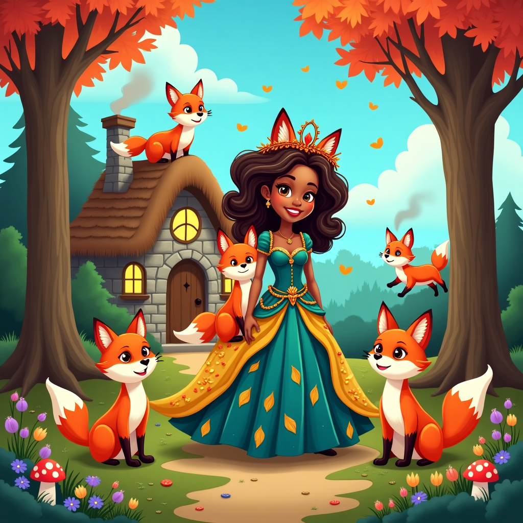 Brown-skinned princess, Woodland cottage, and Five foxes Thank-you Card