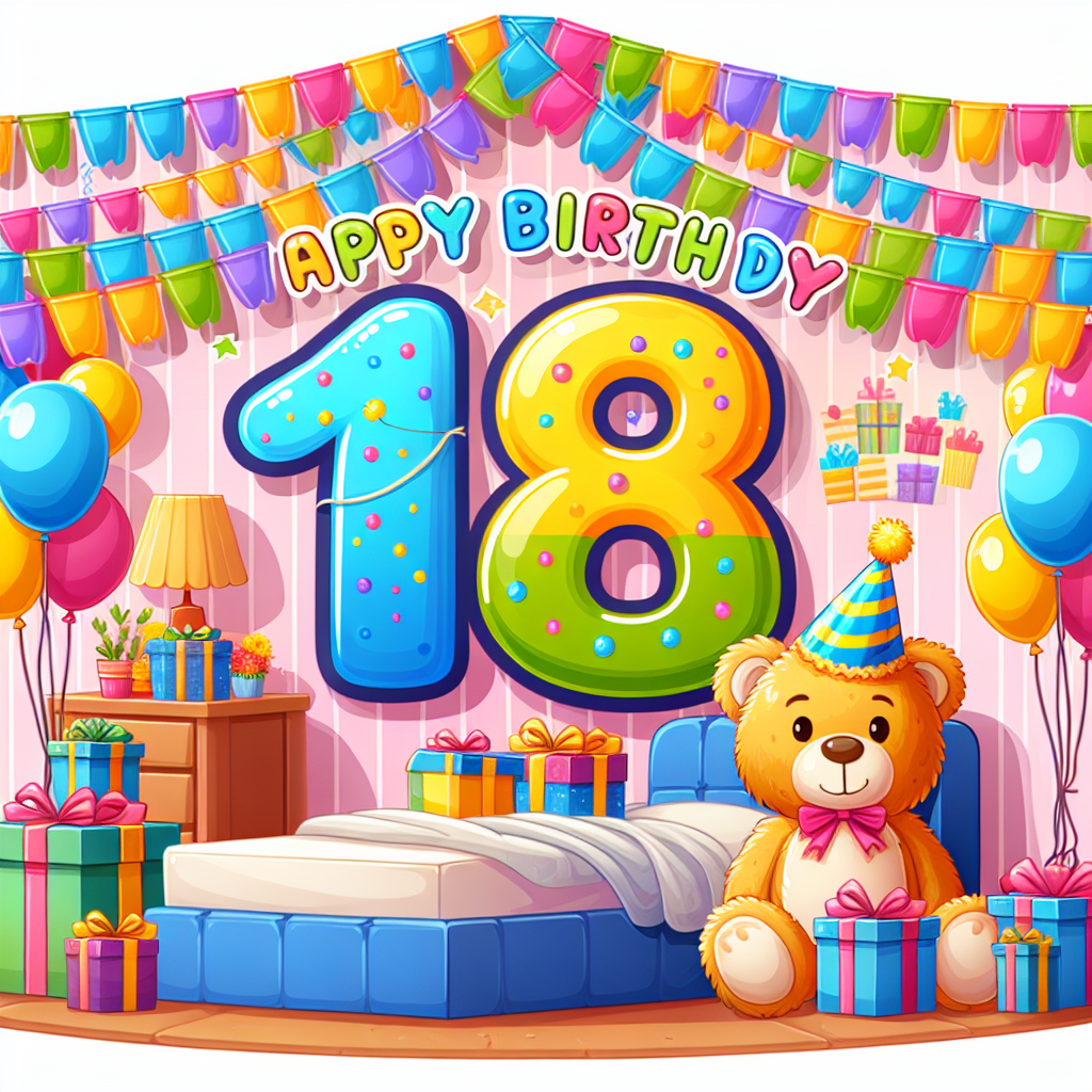 A cute cartoon illustration depicting an animated scene within a bedroom filled with birthday decorations. A big '18' is displayed on the wall in bold, vibrant colors, with a stuffed teddy bear and a pile of presents at its base. Across the illustration, streamers culminate in a central 'Happy Birthday' banner that hangs above, perfectly tailored for a daughter's 18th birthday.
Generated with these themes: 18th  daughter .
Made with ❤️ by AI.