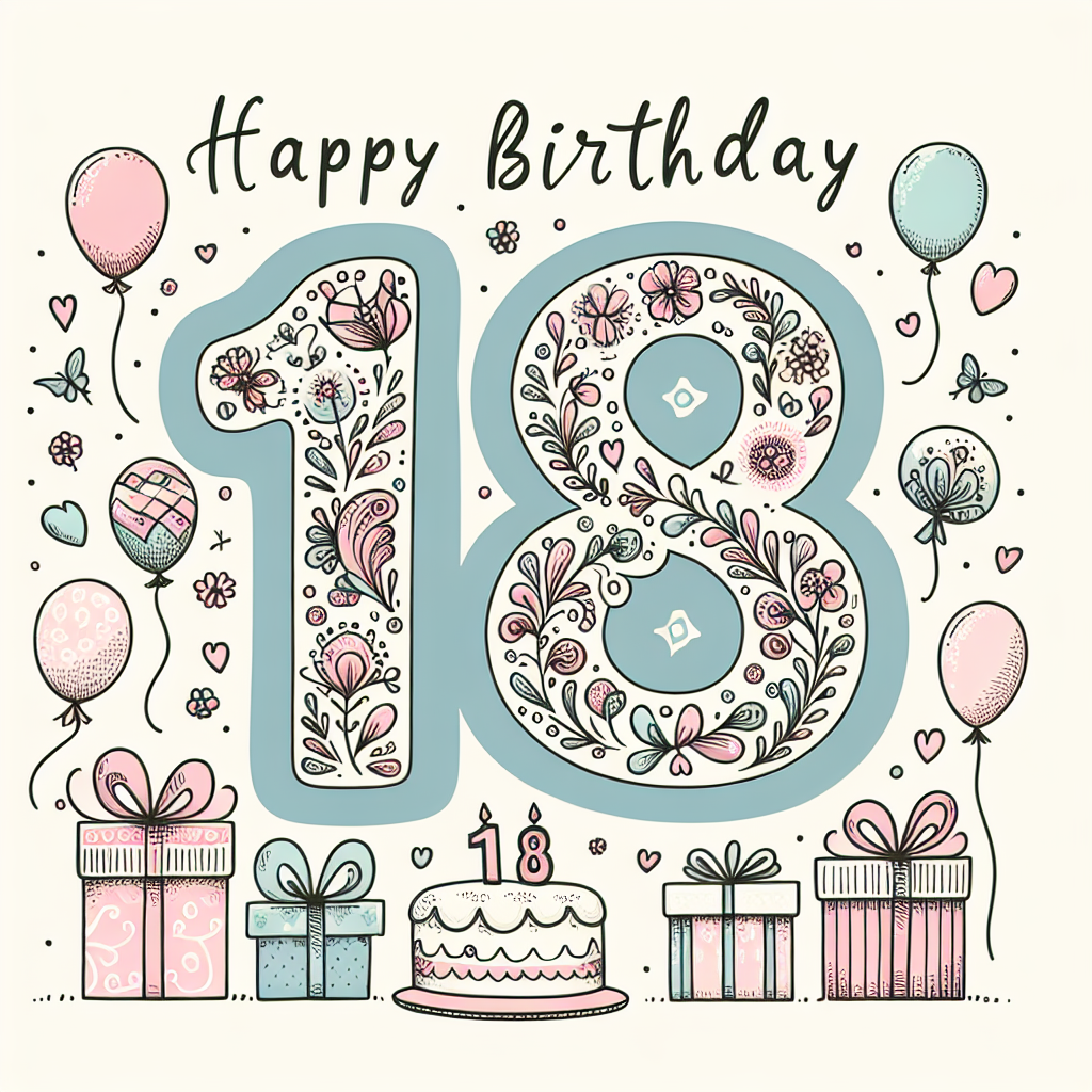 A charming illustration that features a pastel-colored birthday scene with a large '18' in the center adorned with delicate floral designs. The number is surrounded by playful illustrations of balloons, gifts, and a birthday cake, all tailored for a daughter's milestone celebration. At the bottom, in elegant handwritten font, it reads 'Happy Birthday'.
Generated with these themes: 18th  daughter .
Made with ❤️ by AI.