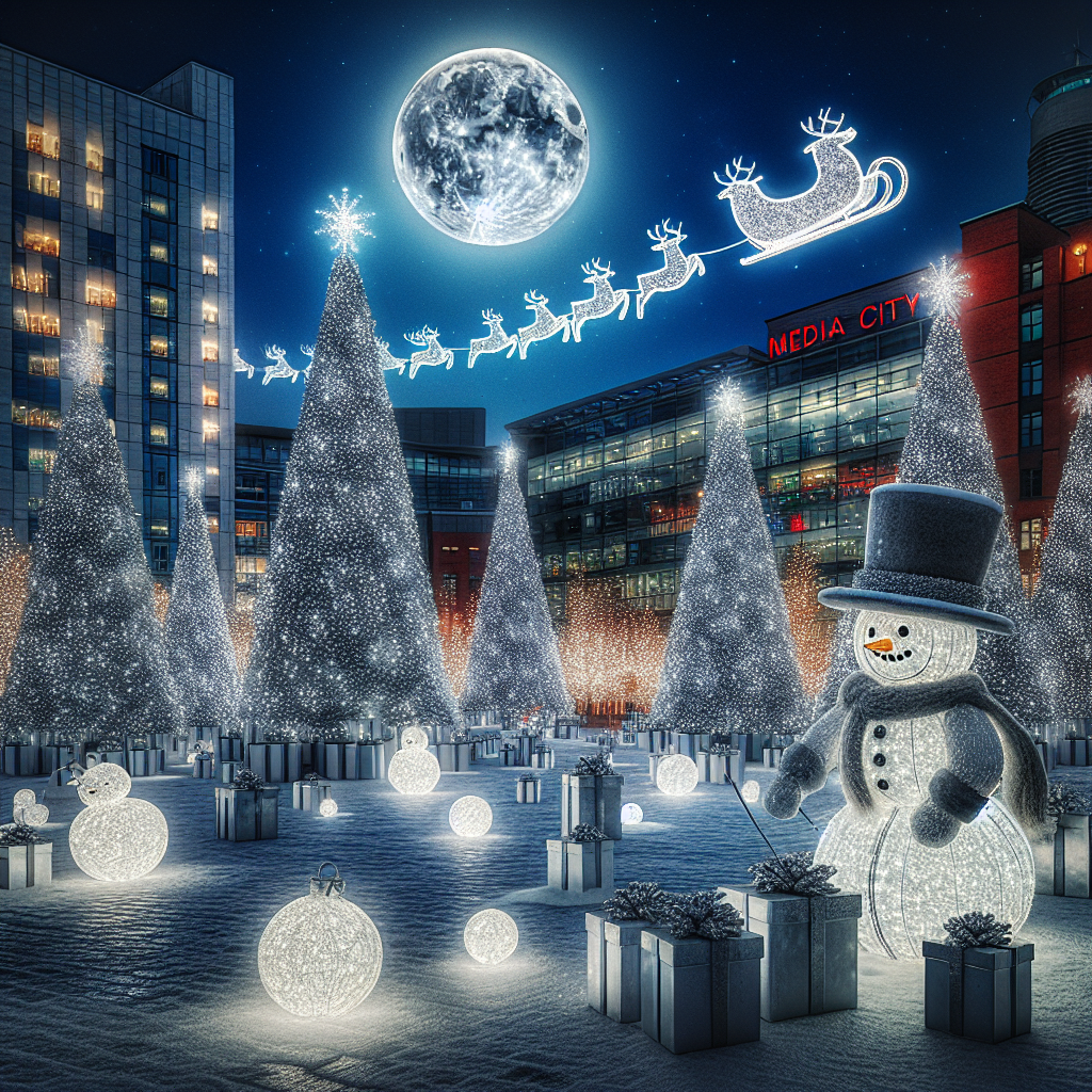 As the yuletide moonbeam casts its silvery light over Media City, Manchester, the scenery unveils realistic Christmas trees bedecked with shimmering lights. Jolly, illuminated snowmen stand guard among the flurry of activity, offering a whimsical charm. A traditional sleigh, enmeshed in the moon's glow, weaves through the sky, hinting at the magic of the season as scattered presents anticipate unwrapping.
Generated with these themes: Christmas trees, Illuminated snowmen, Media city, Manchester , Sleigh , Presents , and Moonbeam.
Made with ❤️ by AI.