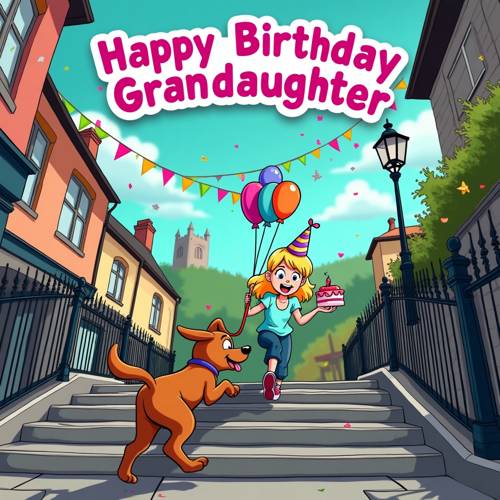 Small dog brown climbing stairs woman blonde hair Malvern Town , and Birthday Card