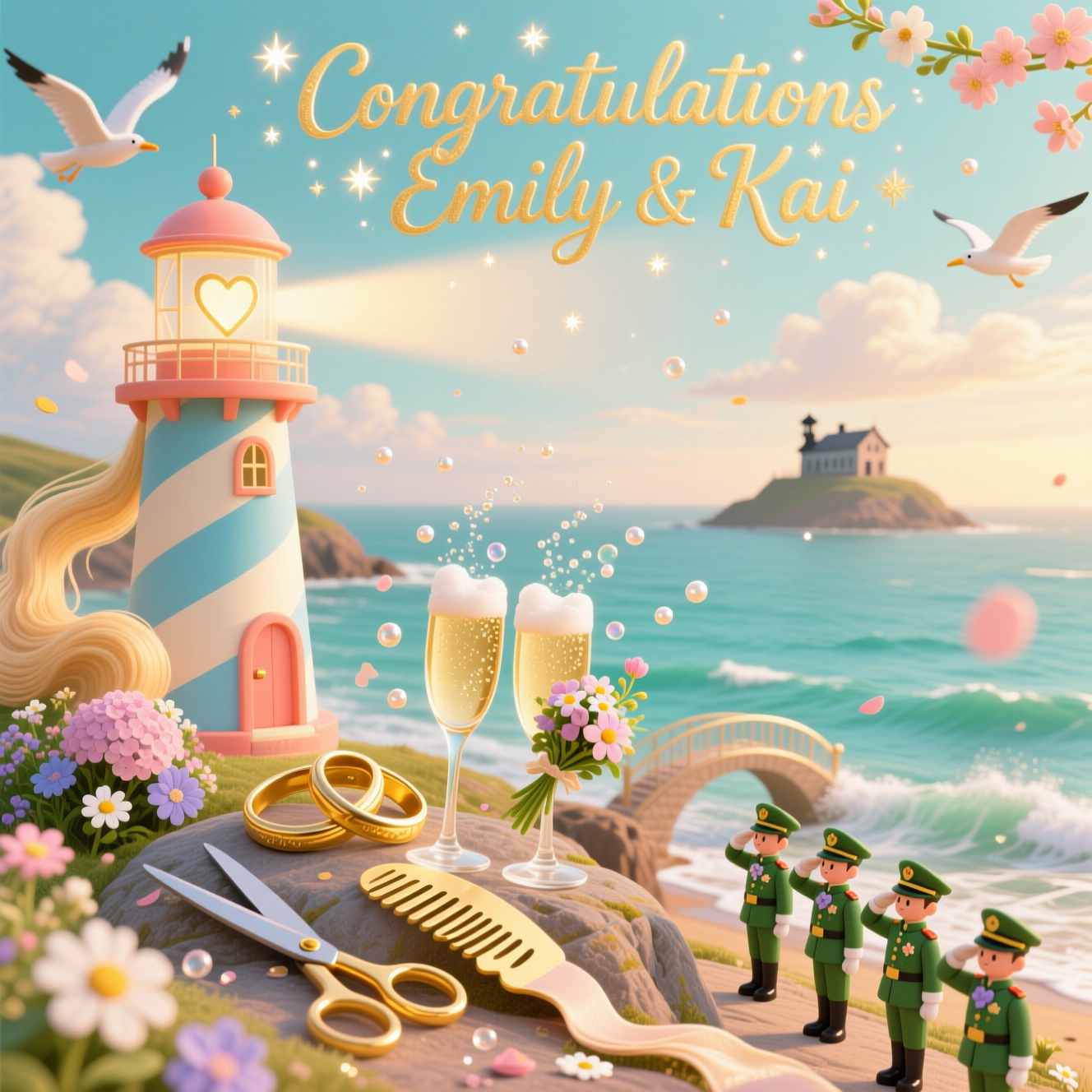 At the top of the Surreal Style image, “Congratulations Emily & Kai” in soft gold, slightly melting calligraphy, twinkling with tiny spinning stars and Cornish sea-thrift blossoms.

Dreamy, cute, Dali-inspired scene on the Cornish coast at golden hour: a whimsical lighthouse shaped like a spinning barber pole (pastel coral, cream, and sky-blue stripes), its lantern casting gentle heart-beams over a turquoise sea. Two intertwined golden wedding rings at its base rotate like gyroscopes, scattering sparkles. Nearby, a pair of elegant champagne flutes rise from the surf; their fizzy foam drifts up as pearly bubbles that bloom into miniature pastel flowers (sea thrift, hydrangea, foxglove), floating as confetti. The shoreline is a flowing ribbon of honey-blonde hair curling into waves, with a graceful gilt comb forming a little bridge; a pair of elongated, melting scissors reclines on a rock, sprouting petals. On the cliff path, a cute honor guard of tiny leaf-green toy soldiers in floral uniforms (no weapons) with daisy medals stand at ease and salute with bouquet-stems; their formation spins gently like a pinwheel. In the distance, the silhouette of a Cornish engine house and the faint outline of St Michael’s Mount hover in a haze of clotted-cream clouds. Seagulls in tiny bow ties loop a garland of blossoms overhead. Ethereal, pearlescent lighting; pastel palette of seafoam, blush, cream, and soft gold; rounded, kawaii accents; dreamy bokeh like champagne sparkle; subtle motion blur on all spinning elements. Tall portrait composition with generous airy space above for the title, lush and full-bleed, cute wedding surrealism.

Add one tiny caption at the bottom, lettered on a curling hair-ribbon banner: “Tressed to Impress & At Ease in Love”.
Generated with these themes: Hairdresser, army, flowers , champagne, Cornwall, , Spinning , and .
Made with ❤️ by AI.
