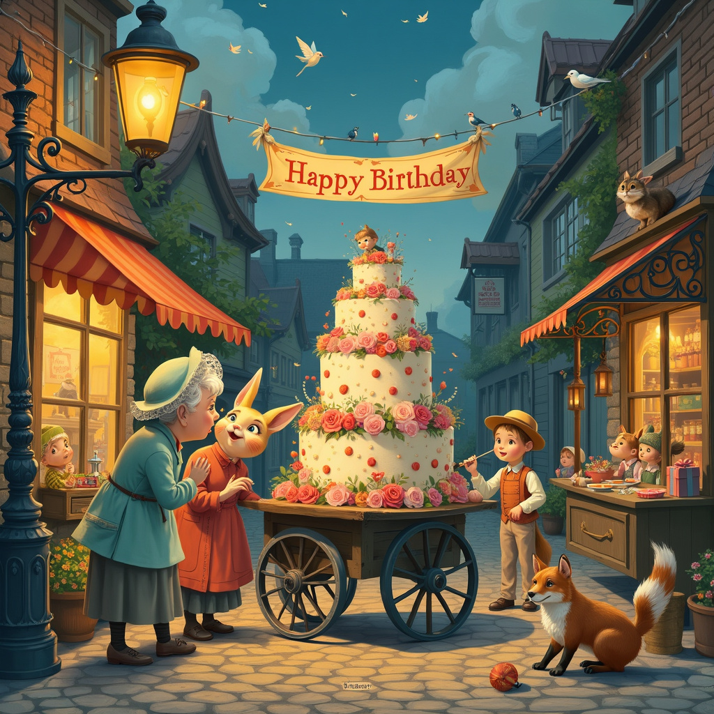 The front cover of this quirky birthday greeting card features a bustling and whimsical scene inspired by the styles of the aforementioned artists. Picture a quaint, old-world town square at dusk, filled with charming details and animated characters. In the center, there is an oversized, elaborately decorated birthday cake atop a small wooden cart, surrounded by gossiping townsfolk. 

To the left, a pair of elderly ladies, one with a bonnet adorned with feathers and another with a lace-trimmed hat, are leaning in close, whispering with wide eyes and mischievous grins, reminiscent of Norman Rockwell's expressive characters. Nearby, perched on a cobblestone bench, is a family of anthropomorphic animals, inspired by Beatrix Potter, with the mother rabbit covering her mouth in shock and the young fox slyly eavesdropping with one ear up. 

Above them, a twisted wrought iron lamppost, inspired by Arthur Rackham's intricate lines, illuminates the scene with a soft, warm glow. To the right, Maurice Sendak-esque children in old-fashioned clothing are peeking out from behind a colorful, whimsically-detailed market stall brimming with birthday decorations and gifts, their eyes wide with curiosity.

In the background, an Edward Gorey-style cat sits on a rooftop, looking down at the scene with a knowing smirk, while Quentin Blake-inspired birds with exaggerated features flutter around, seemingly sharing their own bits of gossip. Overhead, a banner strung between two buildings reads "Happy Birthday" in ornate, Aubrey Beardsley-inspired lettering.

The details are rich and immersive: cobblestone streets with tiny flowers poking through the cracks, a street musician playing a fiddle with a hat for coins at his feet, and a dog chasing its tail by the cake cart. The sky is a Maxfield Parrish gradient of twilight colors, with Gustave Doré-inspired swirling clouds adding a touch of whimsy.

Each element tells a small part of the larger story, drawing the viewer into this delightful, gossip-filled birthday celebration.
Generated with these themes: Gossip.
Made with ❤️ by AI.