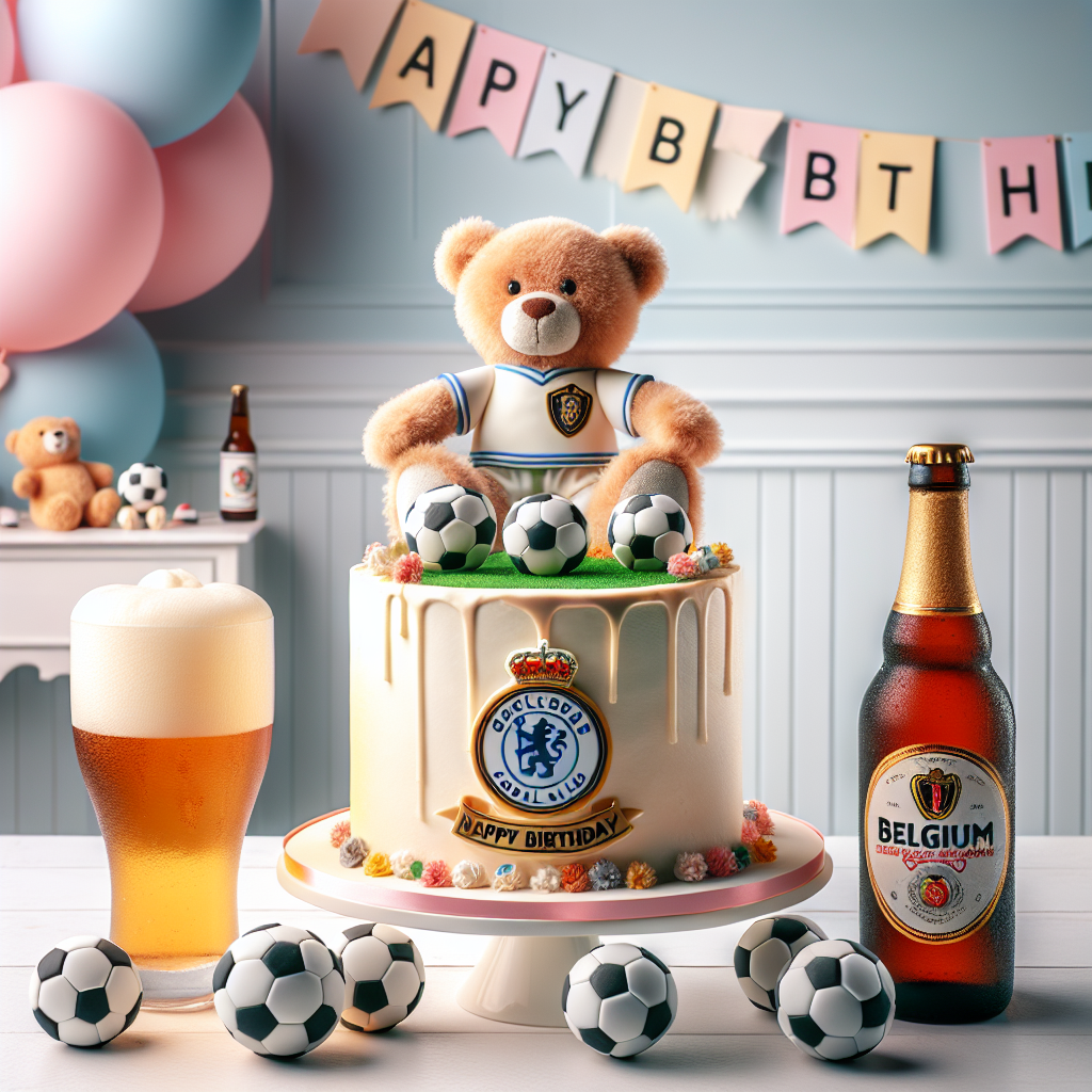 Visualize a charming birthday celebration atmosphere featuring a large and elegant cake decorated with a generic football club topper. Miniature footballs and bottles of a generic brand Belgium beer are scattered around the cake as unique edible decorations. In the background, there's a pastel-colored banner with the words 'Happy Birthday' inscribed in a playful font. The scene also includes a cheery teddy bear, dressed in a nondescript football jersey, holding a football under one arm and raising a beer in a toast to the individual celebrating their birthday.
Generated with these themes: Stella Artois , Tottenham Hotspur fc, and Football.
Made with ❤️ by AI.
