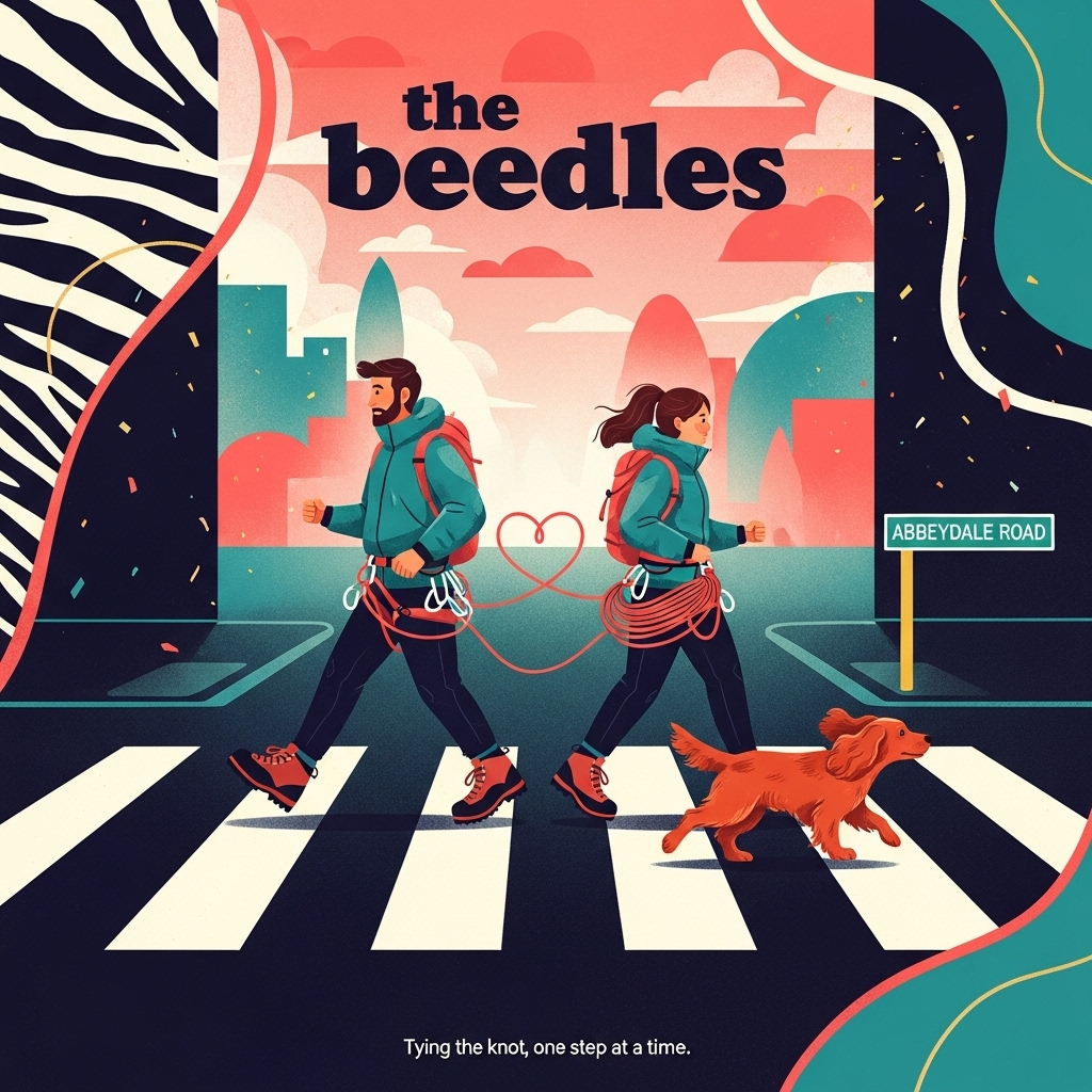 Full-bleed, vertical abstract composition with bold geometric crosswalk bars and fluid, sweeping curves. High-contrast palette: deep midnight indigo asphalt, luminous ivory zebra stripes, coral and blush gradients in the sky, teal and gold accents. Center scene: two stylized figures crossing left to right, captured mid-step. The man is slightly taller (approx. 5'10"), the woman just shorter (approx. 5'5"). Both in mountaineering gear: rugged boots, softshell jackets, harnesses with visible carabiners, and a coil of rope draped so its looping curve subtly forms a heart between them. A ginger-red cocker spaniel trots alongside, ears flapping, tail up, rendered with dynamic brush-stroke texture for lively motion. Background reduced to minimal blocks and arcs suggesting buildings and trees, softened by painterly texture and gentle golden-hour glow; faint confetti-like flecks of warm gold imply celebration without clutter.

Typography integrated into the artwork:
- “the beedles” set large near the top in a playful chunky sans-serif, lowercase, slightly offset kerning; colors harmonize with the palette.
- “abbeydale road” as a clean white-on-emerald street sign form on the right edge (or subtly painted along the curb), simple modern letterforms.

Overall mood sincere and warm—loving energy and forward motion. Emphasize dynamic brush-stroke textures, crisp edges on geometric shapes, and fluid curves around the figures and dog. Keep faces simplified and stylized, no logos.

Small single-line caption, understated near the bottom: “Tying the knot, one step at a time.”
Generated with these themes: .
Made with ❤️ by AI.