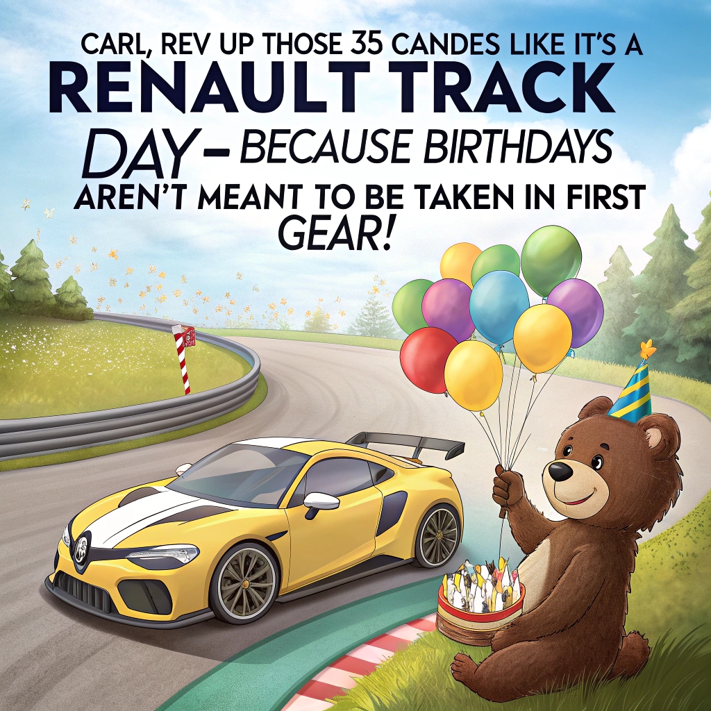 At the top of the image, "Carl, rev up those 35 candles like it's a Renault track day—because birthdays aren't meant to be taken in first gear!"

- Depict a sunny race track scene with a cute and realistic twist: a gleaming Renault Sport car parked next to a vibrant superbike, both decorated with colorful birthday balloons and tiny party hats on their side mirrors.
- A helmeted plush bear with racing gloves peeks out the window of the Renault, holding a birthday cupcake with a sparkler.
- A squirrel wearing mini leather biker gear sits proudly on the motorcycle, tiny goggles on, clutching a little “35” flag.
- In the background, a festive “Happy Birthday, Cousin Carl!” banner hangs between two pit garages.
- Confetti gently falls around the vehicles like the finish line of a fun birthday race day.
Generated with these themes: Renault sport car track day, Motorcycle, Racing, 35, and Cousin.
Made with ❤️ by AI.