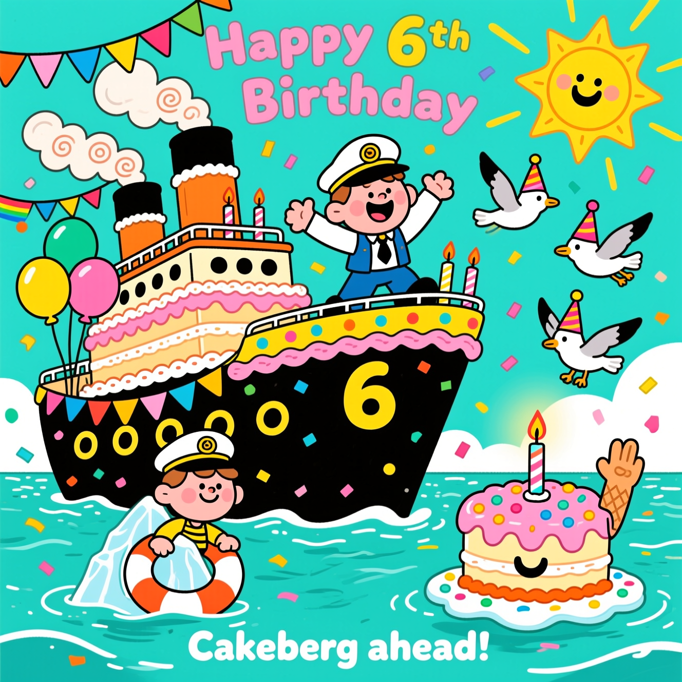 At the top of the Cartoon Style image, Happy 6th Birthday

A big, bright, funny cartoon scene: a Titanic-inspired party ship made of layered birthday cake sailing across a glittery teal ocean. Exaggerated proportions and thick black outlines: a huge, smiling bow, tiny smokestacks puffing frosting swirls, rainbow bunting draped along the decks, and balloons bobbing in the salty breeze. On the prow, a goofy kid captain (big head, tiny body) wearing a captain’s hat and a 6-shaped life ring spreads their arms in a triumphant, joyful pose. The hull is frosted with sprinkles and dotted with candle “6”s. Friendly seagulls in party hats swoop around tossing confetti; the sun beams with a cheeky grin as comic starbursts and motion lines energize the scene. Ahead floats a cheerful “cakeberg” — a smiling iceberg made of ice-cream and cake, covered in sprinkles with a single lit candle, waving with a little marzipan hand. Saturated palette: aqua, lemon yellow, bubblegum pink, tangerine, and mint; bold flat fills, chunky shading, and playful halftone textures for pop.

At the bottom in a small, cheeky, bouncy-font caption: Cakeberg ahead!
Generated with these themes: Titanic, and .
Made with ❤️ by AI.