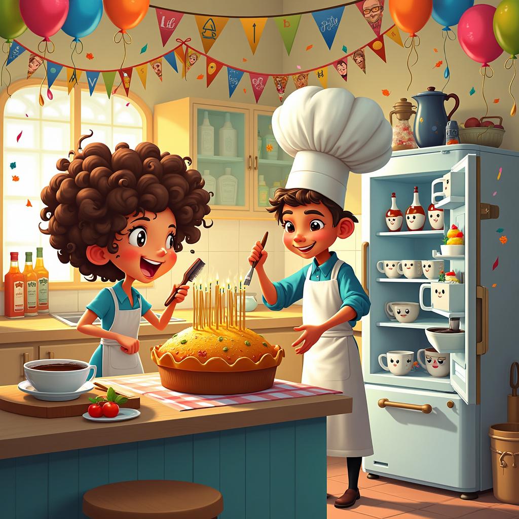 In this cartoon kitchen scene, the birthday theme is evident through the decorations and activities. The room is festooned with colorful party banners featuring illustrations of chefs and hairdressers, and balloons in the shape of various cooking utensils and hairdressing tools. In the foreground, a character with oversized, animated hair grips a hairbrush, ready to 'style' a whimsical savory pie designed to look like a coiffed hairstyle, complete with edible 'hair gel' glaze. Adjacent to this, another character in a cartoonish apron and a gigantic toque prepares to blow out the 'candles'—thin, steaming spaghetti strands sticking upright from a pasta cake on a nearby counter. A backdrop features an open fridge filled with comically large bottles of hot sauce and eggs with bow ties. Meanwhile, against the far wall is an exaggeratedly tall coffee pot pouring a river of black coffee into a series of interconnected cups, each with a different funny face painted on.
Generated with these themes: Black coffee, Hairdressing, and Cooking.
Made with ❤️ by AI.
