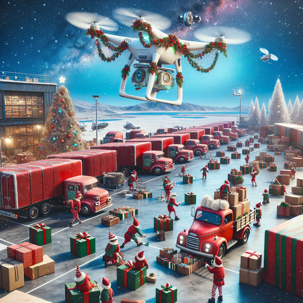 Imagine a bustling North Pole cargo hub where elves load a fleet of vintage red trucks with presents. The trucks are wrapped in ribbons and bows, resembling gifts on wheels, ready to deliver holiday joy. In the sky above, a reindeer-powered drone flies, decked with mistletoe and ornaments, symbolizing a whimsical blend of old-fashioned charm and modern transport efficiency, against the backdrop of a starry Christmas eve.
Generated with these themes: Transport & logistics .
Made with ❤️ by AI.