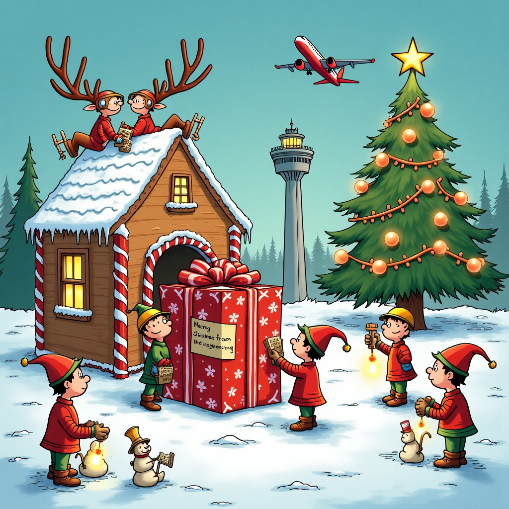 In a snowy wonderland reminiscent of Charles Schulz's Peanuts, we find a quirky, humorous Christmas scene that combines the whimsy of Walt Disney with the intricate charm of a Winsor McCay dreamscape. The foreground features an animated group of industrious elves clad in safety goggles and tiny tool belts, each resembling members of the engineering team from the Residence Inn JFK. They're working cheerfully on an elaborate Rube Goldberg machine constructed entirely from candy canes, gingerbread, and tinsel, with cogs shaped like peppermint swirls. The machine's ultimate purpose? To wrap a colossal present that stands center stage, a gift labeled in bold letters with a tag that reads, "Merry Christmas from the Engineering Team!" 

Behind this bustling scene, a charming gingerbread house—Resembling the Residence Inn—stands with frosted edges and gumdrop lights. The rooftop is dotted with animated reindeer designed like Astro Boy characters, complete with rocket-powered hooves, giving them an extra lift as they prepare for takeoff. Nearby, a towering Christmas tree decorated in brilliant hues of red, green, and gold stands tall. Its ornaments are comically over-sized gears and engineering tools, including a glowing, star-shaped circuit board as the tree topper.

Peeking from behind the tree is a mischievous snowman with a Calvin and Hobbes-like grin, wearing a hard hat and holding a blueprint in his twig hand. Off to the side, a cartoon plane, whimsically resembling a flying reindeer, swoops in the background with the JFK airport control tower barely visible in the snow-glazed skyline, nodding to the scene’s origin.

In the foreground, a tiny crowd of onlooking snowflakes, anthropomorphized with curious expressions and tiny earmuffs, seem to be discussing the engineering marvel before them, in Gary Larson's Far Side fashion. This bustling, vibrant scene captures the spirit of innovation and holiday cheer, telling a story of creativity, teamwork, and festive celebration.
Generated with these themes: Merry Christmas    From Engineering Team Residence Inn JFK .
Made with ❤️ by AI.