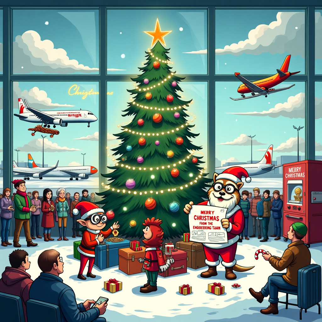 In a bustling, snowy engineering workshop nestled inside the terminal of the whimsical Residence Inn JFK, the scene is a lively, holiday-themed symphony of cartoon chaos. Imagine a vibrant, open-plan space, reminiscent of a giant airport hangar, transformed into Santa’s tech-savvy satellite workshop. At the center, a towering Christmas tree made entirely of spare airplane parts is adorned with twinkling lights and ornaments fashioned from tiny propellers and circuit boards. A team of animated, caricatured engineers, each with oversized glasses and quirky expressions, are busily engaged in wrapping gifts with blueprints and tools. One engineer, a bespectacled raccoon in a red Santa hat, is perched atop a stack of suitcases, holding a tinsel-draped blueprint that reads "Merry Christmas from the Engineering Team!"

In the foreground, an assembly line made from luggage conveyor belts is churning out humorous, Christmas-themed gadgets: a reindeer-shaped drone, a gingerbread GPS navigator, and a snow globe with a tiny animated JFK airplane taking off inside. A giant, friendly robot, reminiscent of a vintage 1950s sci-fi comic, is holding a large candy cane as it adjusts the Christmas lights hanging from the ceiling with its other hand. To the left, an elf in aviator goggles is piloting a remote-controlled sleigh above a crowd of holiday travelers, their faces a mix of awe and surprise. On the right, a coffee machine with a sign that reads "Fuel for the Flight" dispenses steaming cups of cocoa, being eagerly grabbed by eager passengers waiting in line.

The background features wide, glass windows showing planes on the runway, their tails humorously decorated with Santa hats and reindeer antlers. In the sky, fluffy clouds spell out "Merry Christmas" as a quirky nod to holiday cheer from above. The entire scene is a playful, colorful blend of holiday magic and high-tech ingenuity, capturing the unique spirit of the engineering team at Residence Inn JFK in a style that combines the whimsical storytelling of Charles Schulz and the imaginative detail of Will Eisner.
Generated with these themes: Merry Christmas    From Engineering Team Residence Inn JFK .
Made with ❤️ by AI.