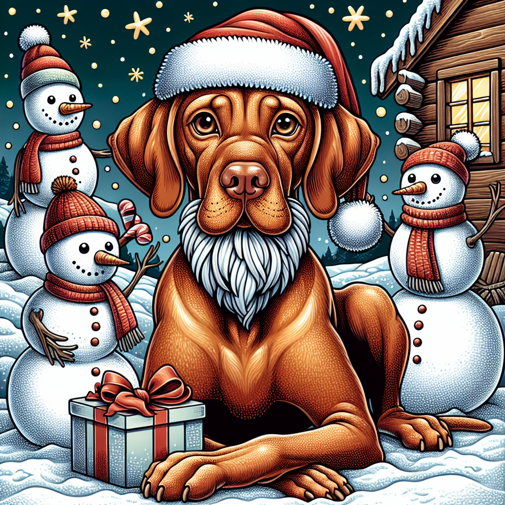 The cartoon illustration features an endearing adult Vizsla of a slender physique, with a luscious brown coat and deep brown eyes. The dog is surrounded by smiling snowmen and has a fluffy white beard attached to its Santa hat. Nestled under a paw is a carefully wrapped gift, with a backdrop of snow-covered cabins under a starry night sky.
.
Made with ❤️ by AI.