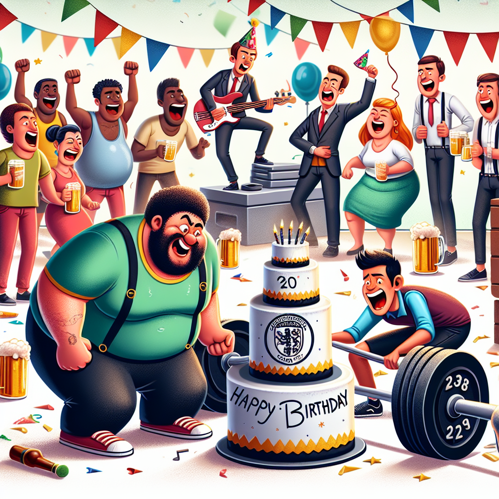 Create an image showing a lively birthday party in a gym. The main characters are humorous caricatures of two overweight women who are unsuccessfully trying to lift a barbell, being distracted by a large cake decorated with the logo of a popular soccer team. Music from a lively rock band sets the joyful backdrop. Other attendees of the party, both men and women of various descents like Hispanic, Middle-Eastern, Black, and Caucasian, are laughing, holding beer mugs and cheering for the hilarious scene.
Generated with these themes: Gym, Fat slags, Arsenal, Cage the elephant , and Pints.
Made with ❤️ by AI.