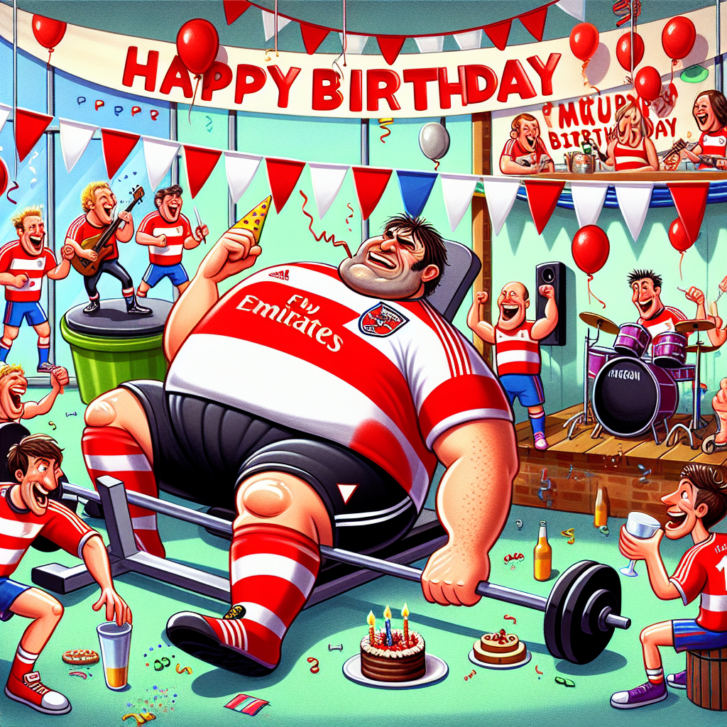 In this amusing birthday illustration, we observe an indoor festivity at a brightly decorated gym. Animated caricatured versions of two individuals with a large physique, wearing red and white jerseys indicative of a London-based football club, amusingly struggle with their workout. In one corner, we see a fictional band giving a lively performance, while guests joyfully sip on beverages, contributing to the uproariously hectic gym birthday celebration.
Generated with these themes: Gym, Fat slags, Arsenal, Cage the elephant , and Pints.
Made with ❤️ by AI.