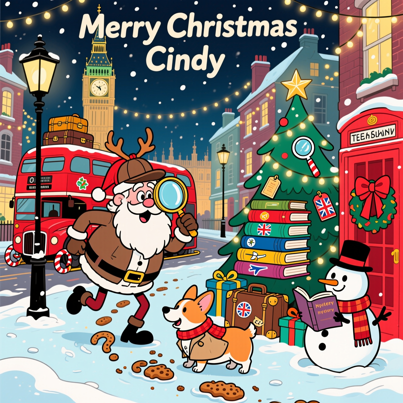 At the top of the Cartoon Style image, Merry Christmas Cindy

Funny Christmas cartoon scene in England with playful, exaggerated characters, thick bold outlines, and bright saturated colors. A snowy London street at night: Big Ben in the background wearing a Santa hat, twinkly fairy lights strung between cozy row houses and vintage lampposts. Front and center, a goofy detective-Santa with a round belly, skinny legs, and a deerstalker hat leans forward in an energetic pose, peering through a giant magnifying glass at cookie-crumb footprints that curl into question marks in the snow. Beside him, a cheerful corgi sidekick in a tiny trench coat and scarf sniffs the trail. A red double-decker bus converted into Santa’s sleigh (candy-cane runners, stacks of luggage on top) waits nearby. A Christmas tree built entirely from stacked colorful books rises on one side, decorated with bookmarks, travel tags, and twinkling lights; a shiny magnifying glass serves as the star. Vintage suitcases with cute travel-icon stickers (Union Jack, compass, airplane) sit around gift boxes. A red phone booth wrapped in a big ribbon and scarf stands to the side; a snowman in a bowler hat giggles while “reading” a mystery paperback. Snow swirls sparkle like tiny magnifying glasses. Color palette: cherry reds, holly greens, icy teals, warm golds; clean flat shading and thick outlines. Warm window glow contrasts with cool moonlit snow; overall mood playful, cozy, and whimsical—mystery vibes without any gore.

Add one small extra line of text as a speech bubble from the corgi: “No spoilers—just mince pies and alibis!” Ensure this is the only additional readable text besides the main greeting.
Generated with these themes: Books, travel, England, murder mysteries, and .
Made with ❤️ by AI.