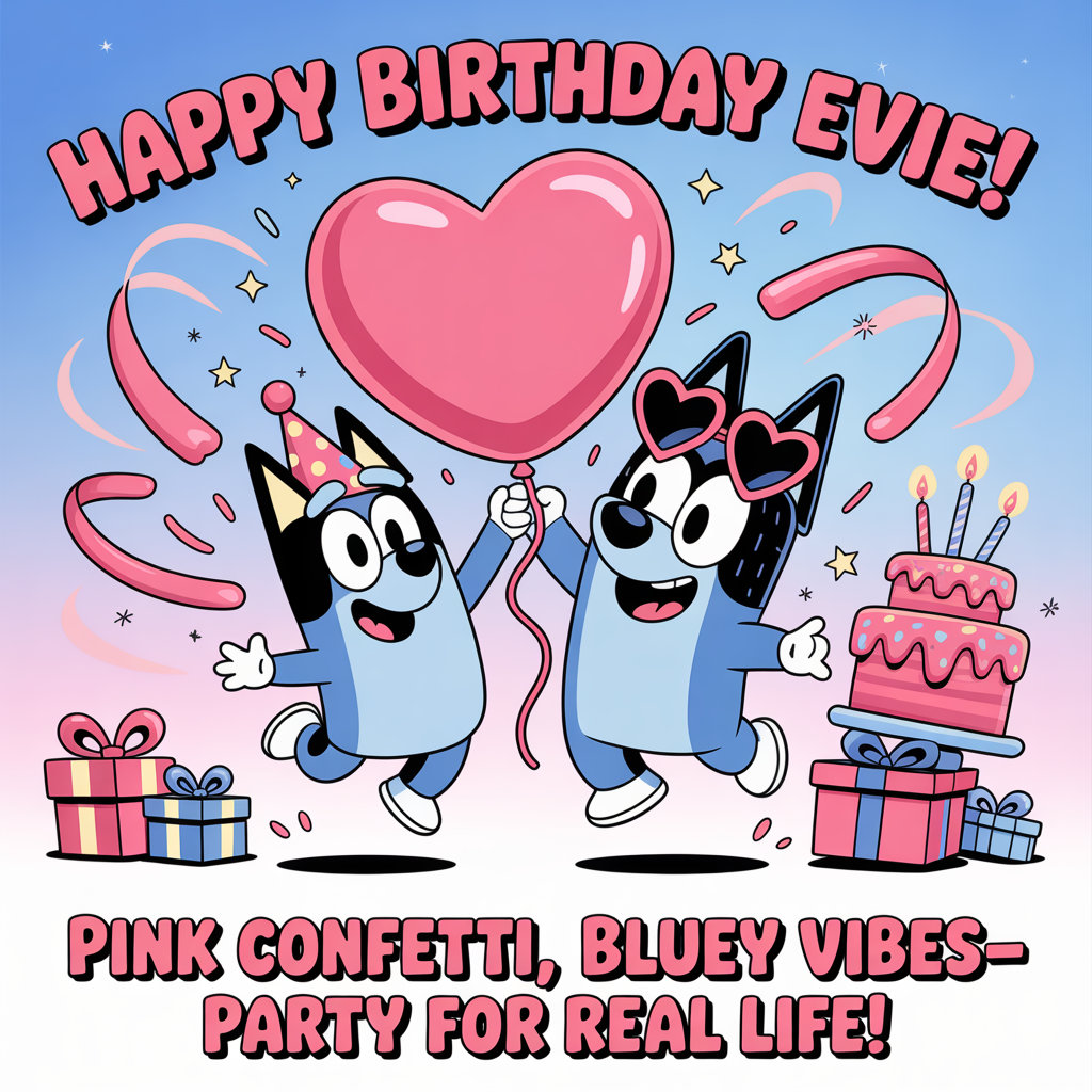 At the top of the Cartoon Style image, "Happy Birthday Evie!"

At the bottom of the image, "Pink confetti, Bluey vibes—party for real life!"

In the center, illustrate an energetic, playful scene of Bluey and Bingo mid-leap in Dance Mode, batting a giant shiny pink heart-shaped balloon (Keepy Uppy) amid a whirl of pink confetti and sparkles. Give them oversized heads, expressive eyes, goofy grins, and thick black outlines. Bluey wears a tiny pink party crown; Bingo sports heart-shaped pink sunglasses. Surround them with bright, saturated colors: bubblegum-pink streamers and star balloons, a tall pink-frosted cake with blue sprinkles and glowing candles, and gift boxes wrapped in pink with blue bows. Use a sky-blue backdrop with soft pink gradient swirls and motion lines to emphasize bounce and joy. Make the headline large, bubbly, and bold in a pink-to-blue gradient with a white highlight stroke; keep the punch-line bold and clear at the bottom. Bright, whimsical, and super cute.
Generated with these themes: Bluey, The color pink, and .
Made with ❤️ by AI.