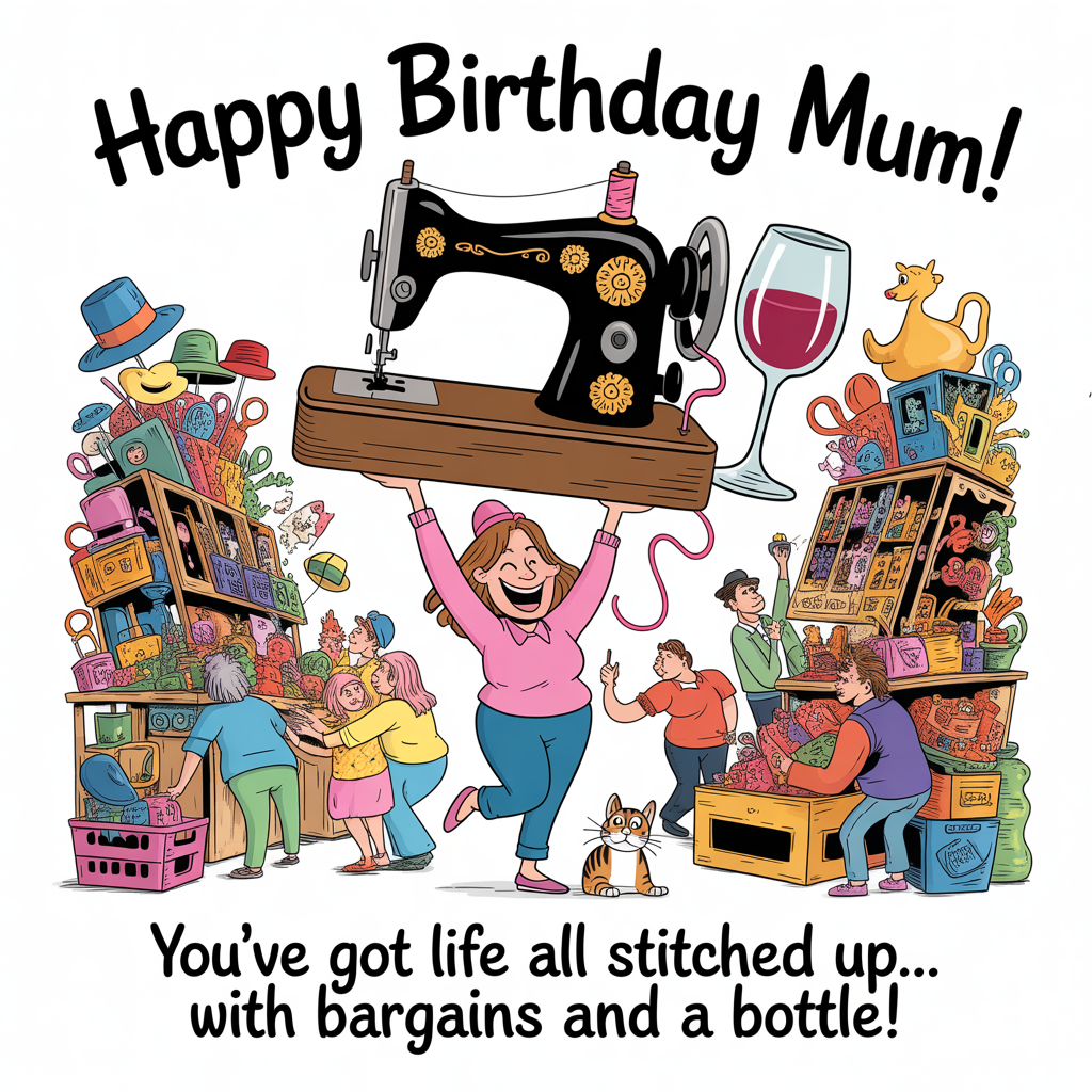 Car boot sales, Sewing machines, Red wine, and Birthday Card