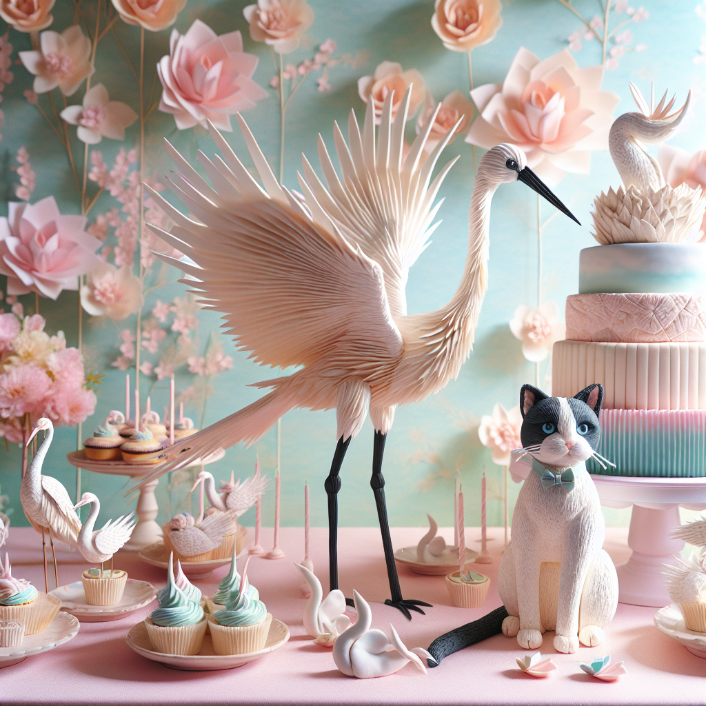 Visualize a whimsically decorated room radiating soft pastel hues, hinting at a birthday celebration. The focal point of this scenic setting is an impressively detailed, lifelike Japanese crane crafted from delicate origami paper with its wings poised to unfurl. Its ethereal beauty is matched by a realistically designed Tuxedo cat, crafted meticulously from fondant, which sits gracefully atop a tiered cake. These two primary figures find themselves amidst a spread of mouth-watering birthday treats. This includes enticing cupcakes and macarons, intricately decorated with miniature representations of cranes and paw prints, perfectly blending the theme's natural elegance with a festive aura.
Generated with these themes: Japanese crane, and Tuxedo cat.
Made with ❤️ by AI.