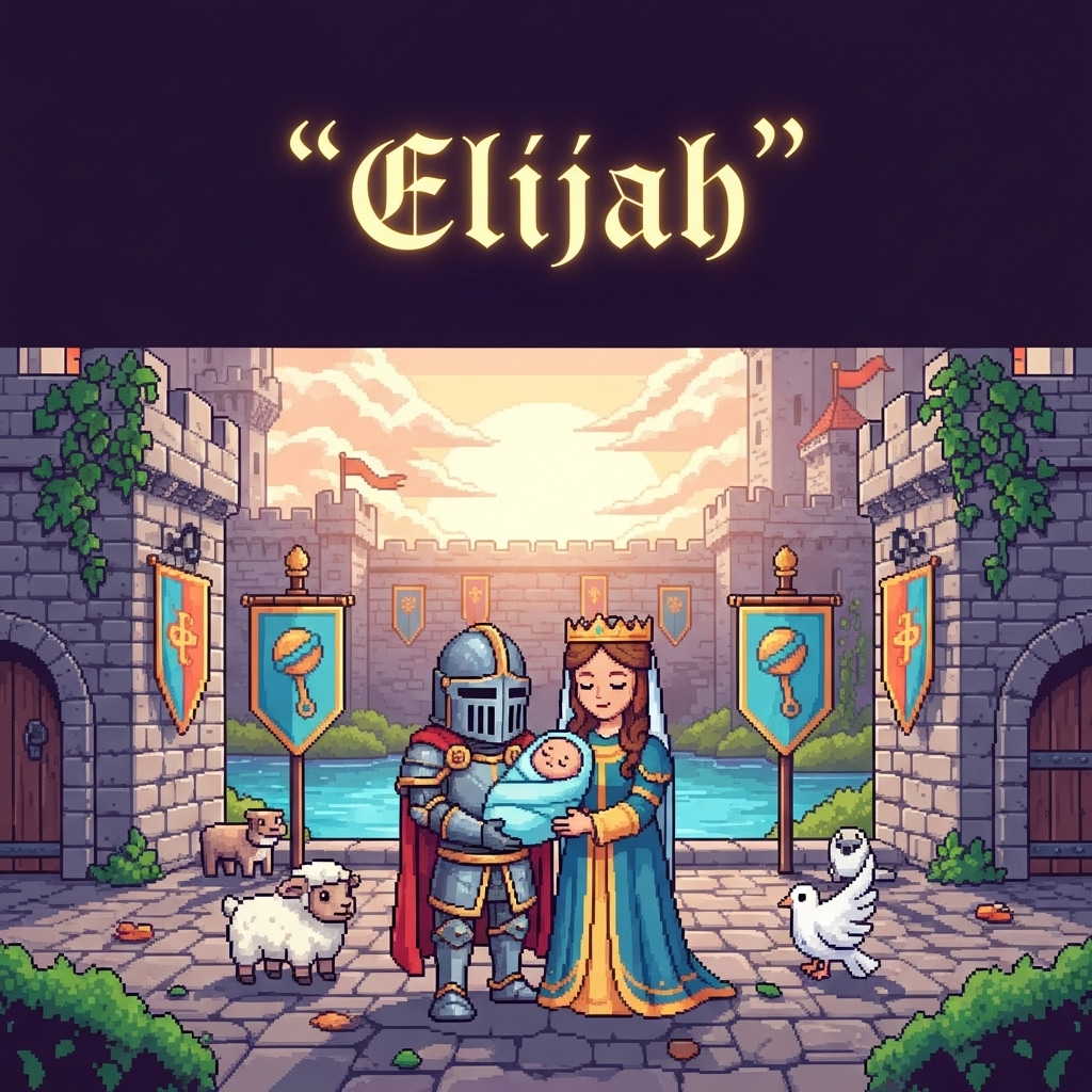 At the top of the Pixel Art Style image, display the name **"Elijah"** in ornate medieval-style lettering, as if glowing with golden light.  

Create a crisp 8-bit pixel art scene in a vibrant, limited palette, showing a peaceful medieval castle courtyard bathed in soft dawn light. In the center, a noble knight and a gentle queen stand proudly, cradling a tiny swaddled baby wrapped in a soft pastel blanket. Around them, banners flutter with small shield emblems bearing a baby rattle symbol. A few friendly animals — a small pixelated lamb and a dove — look on warmly. In the background, ivy climbs castle walls, and a moat sparkles in the morning sun. The mood should be tender, sincere, and full of warmth, blending the majesty of medieval times with the joy of welcoming a new life.
Generated with these themes: Medieval, and .
Made with ❤️ by AI.
